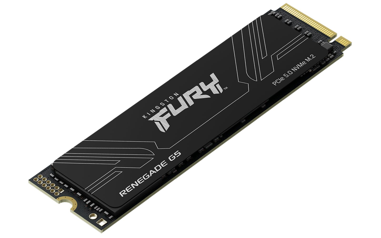 Czarny dysk SSD Kingston FURY Renegade G5. Nazwa marki i szczegóły modelu na czarnej powierzchni.