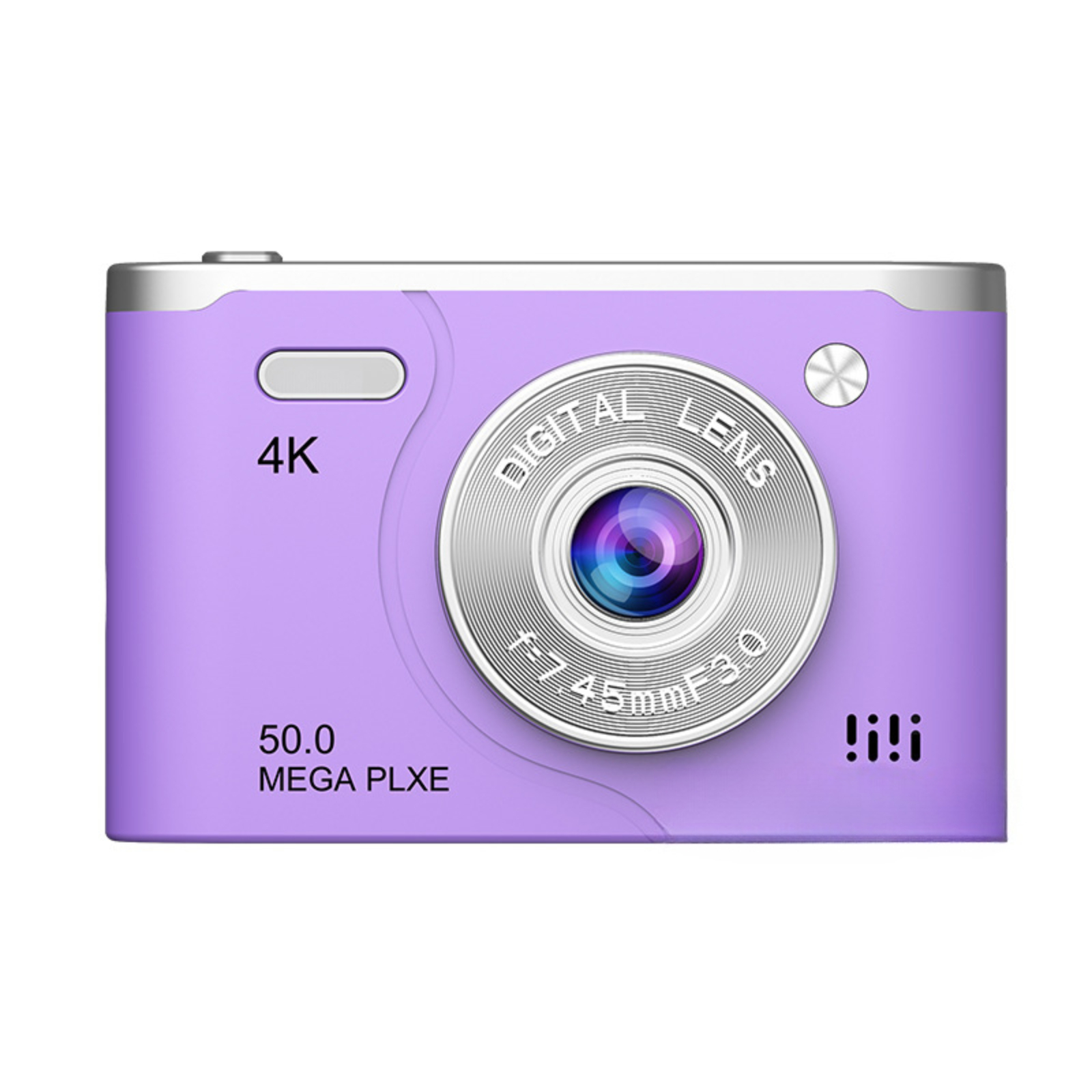 Eine lila Digitalkamera mit Objektiv. Sie zeigt 4K und 50.0 MEGA PLXE. Weißer Hintergrund.