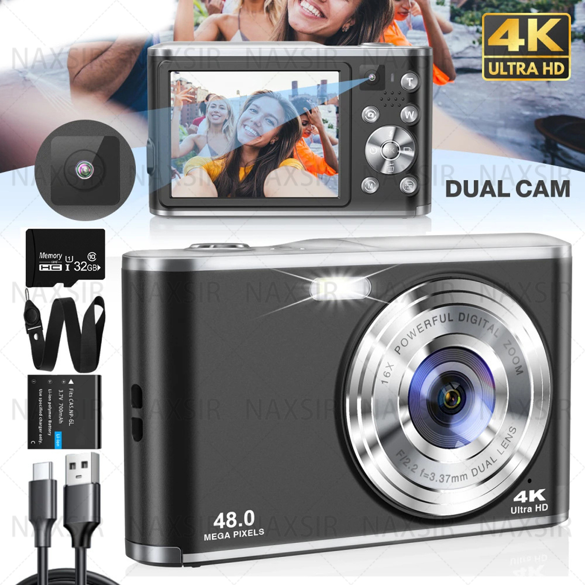 Schwarze Dual-Cam-Digitalkamera mit Zubehör, 4K Ultra HD, weißer Hintergrund.