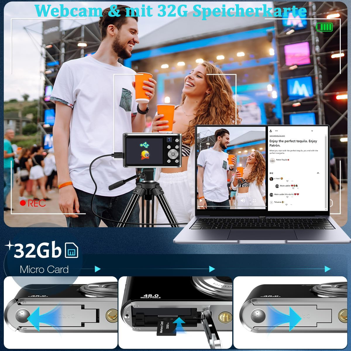 Zwei lächelnde Personen, Webcam-Setup mit Laptop, der Social-Media-Feed zeigt.