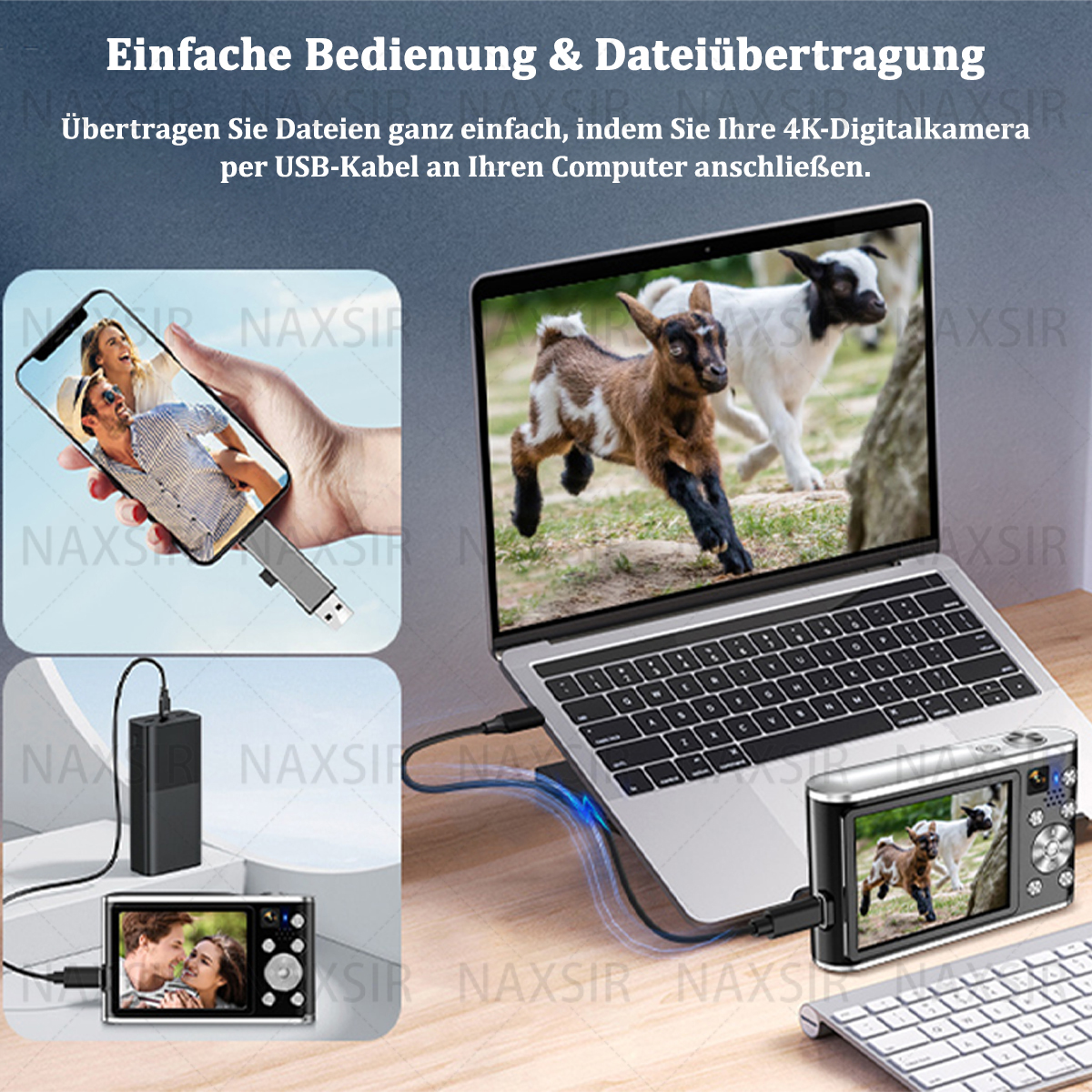Laptop, Telefon verbunden. Zeigt Bilder von Paar, Ziege und Powerbank.
