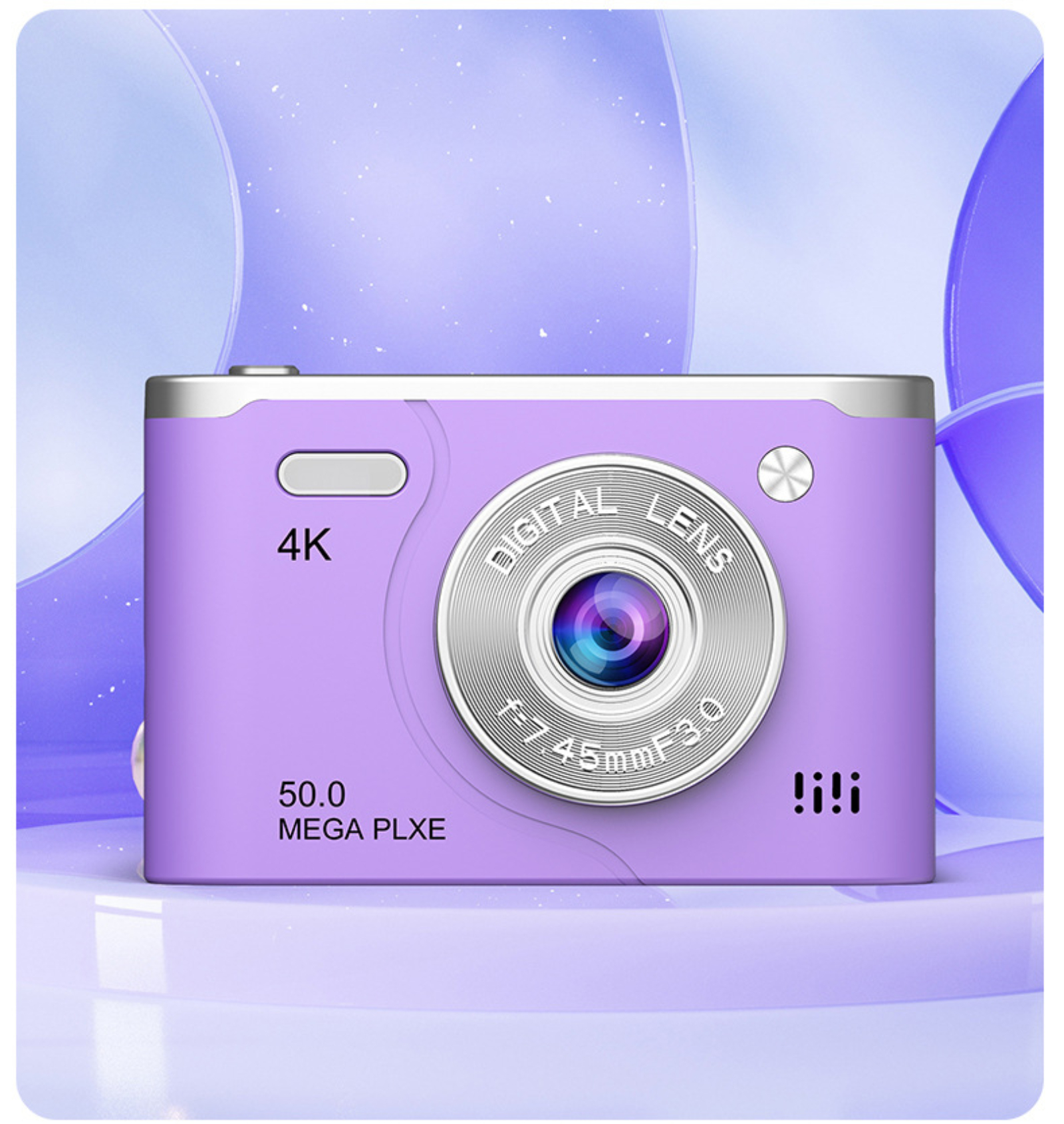 Lila Digitalkamera mit Objektiv, Knöpfen und Display. Heller Hintergrund.