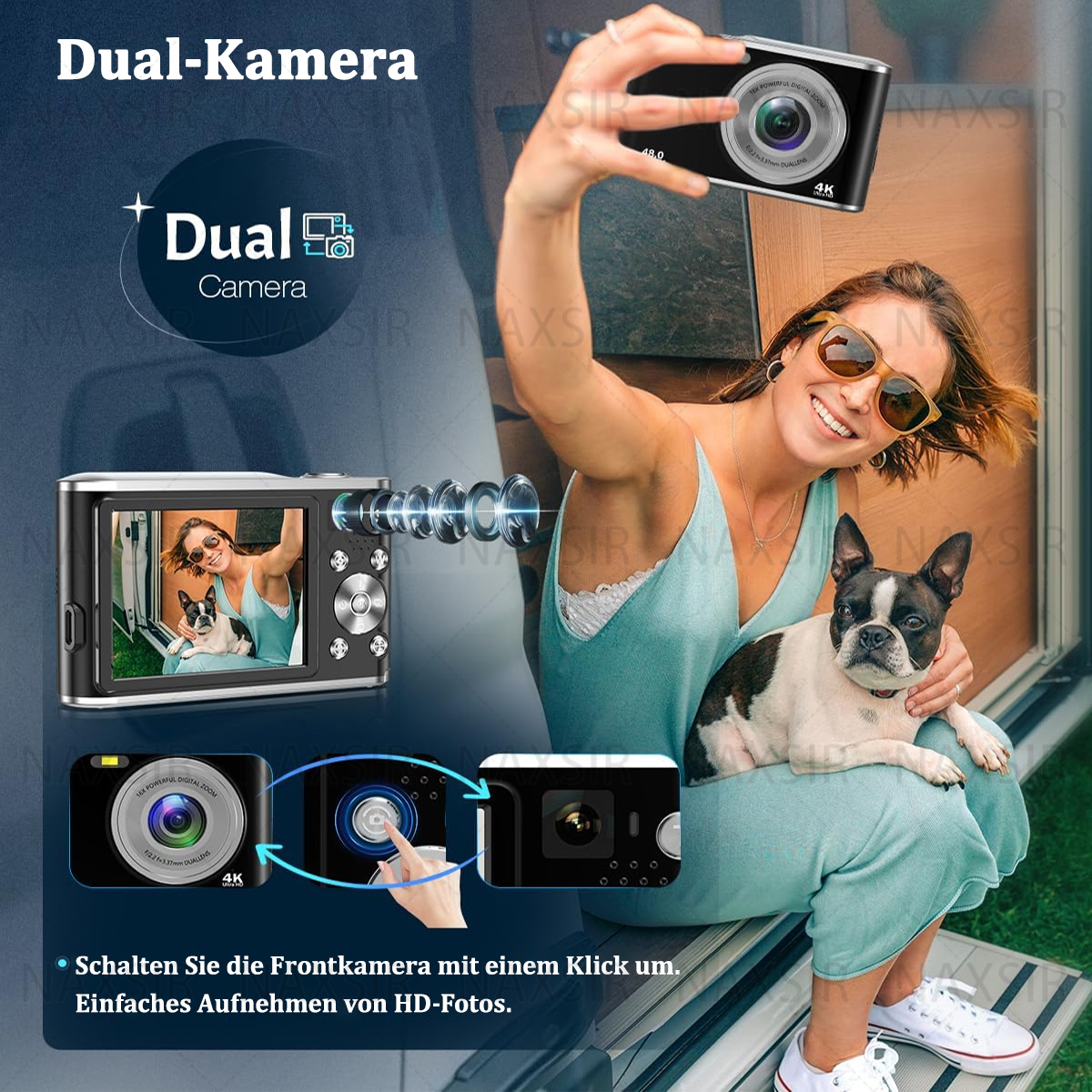Eine Frau macht ein Selfie mit einer kleinen schwarzen Dual-Kamera, die einen Hund zeigt. Text: 'Dual Camera'.
