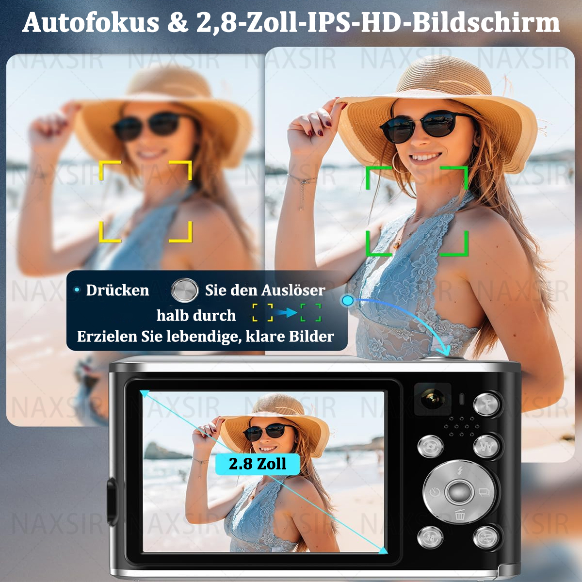 Digitalkamera mit Bild einer Frau auf dem Bildschirm, Nahaufnahme.
