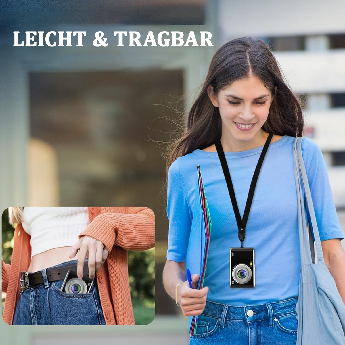 Frau mit kleiner Kamera um den Hals und eine weitere in der Tasche.