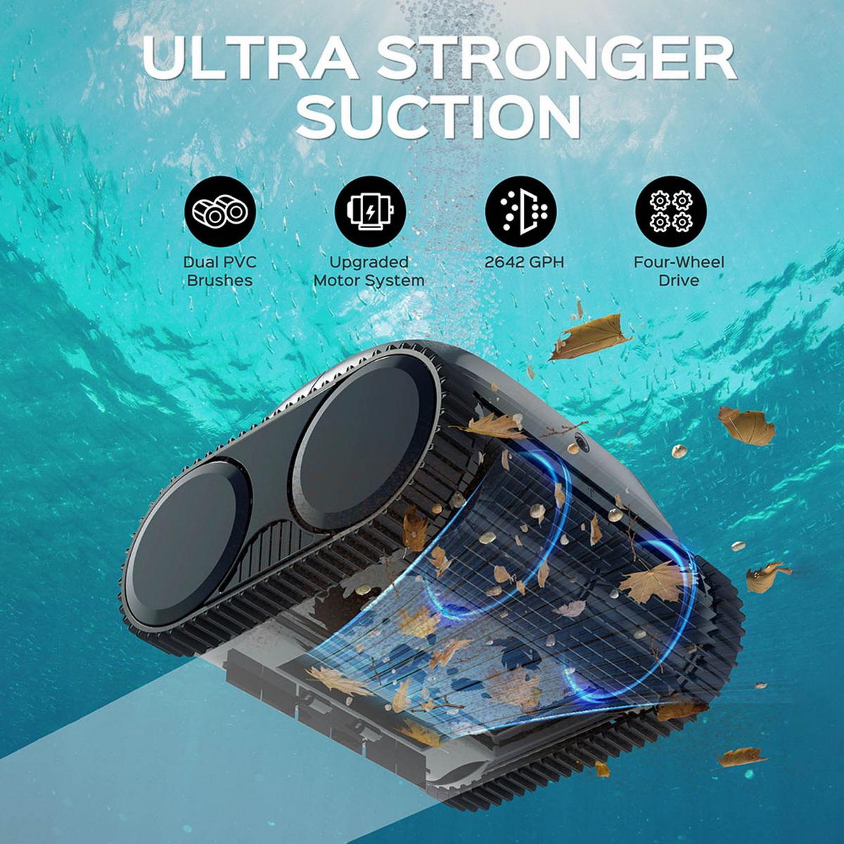 Podwodny robot czyszczący z czterema kołami, dwiema szczotkami i tekstem: Ultra Stronger Suction.