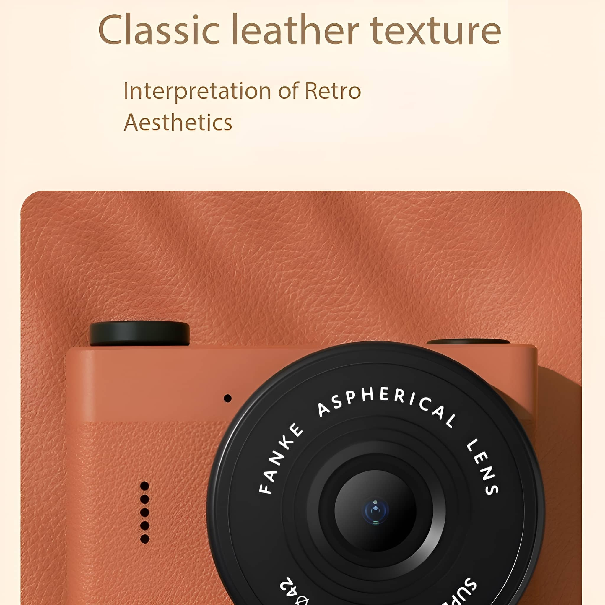 Eine Kamera mit schwarzem Objektiv und orangefarbenem Gehäuse. Der Hintergrund ist orange.