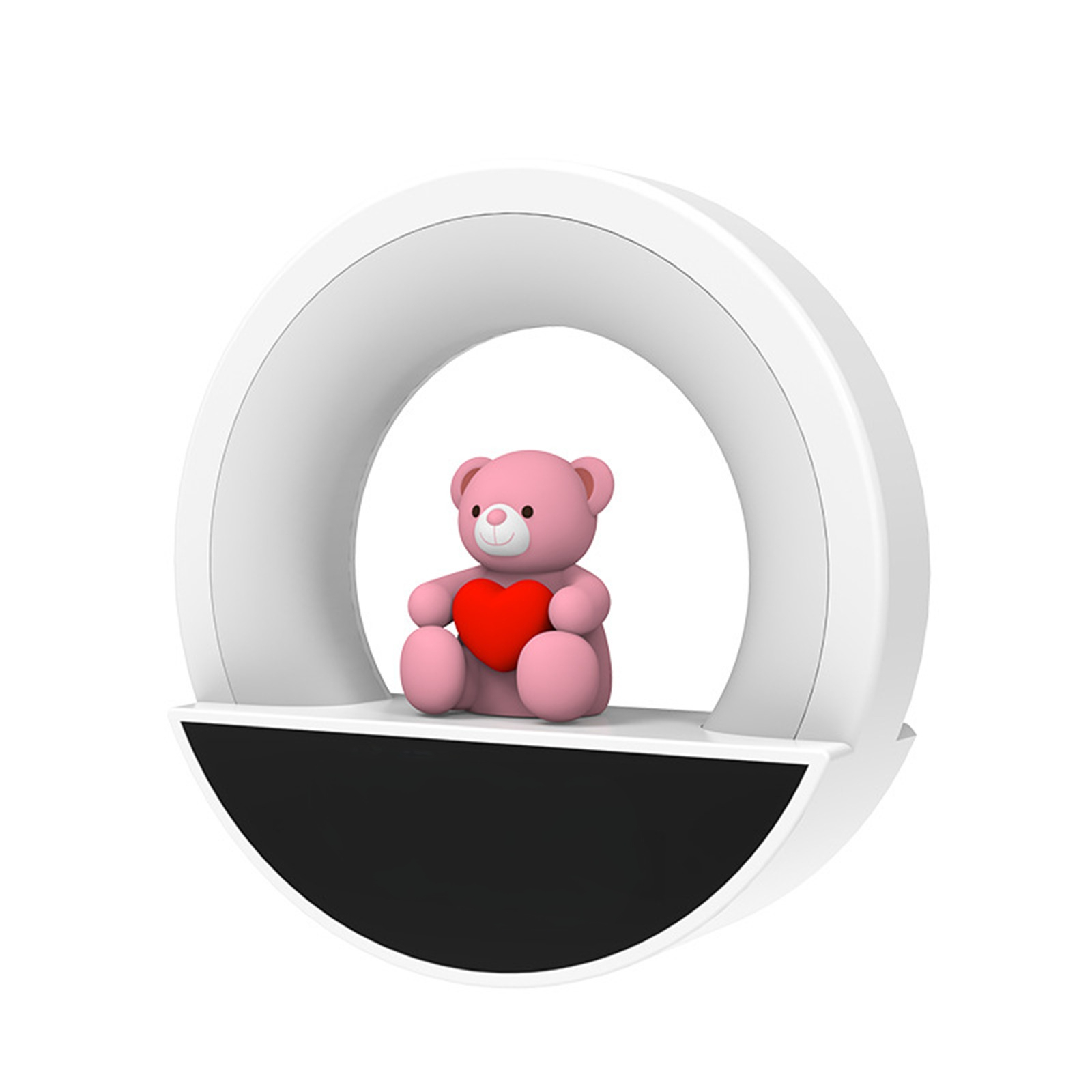 Ein weißes kreisförmiges Licht mit einem rosa Teddybären, der ein Herz hält. Der Hintergrund ist weiß.