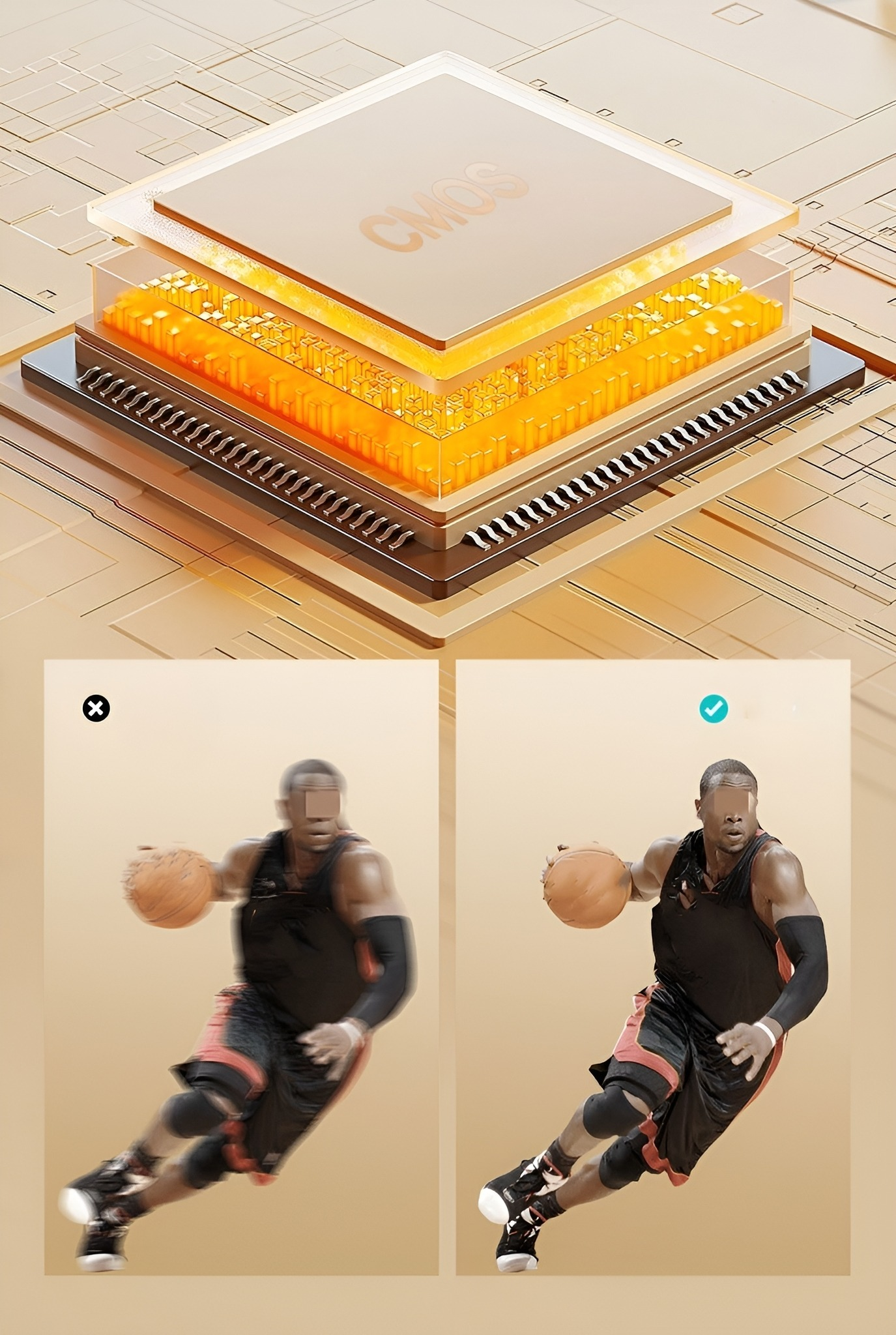 CPU-Bild mit Basketballspieler-Vergleich: verschwommen vs. scharf. Die CPU zeigt Schichten von Orange und Braun.
