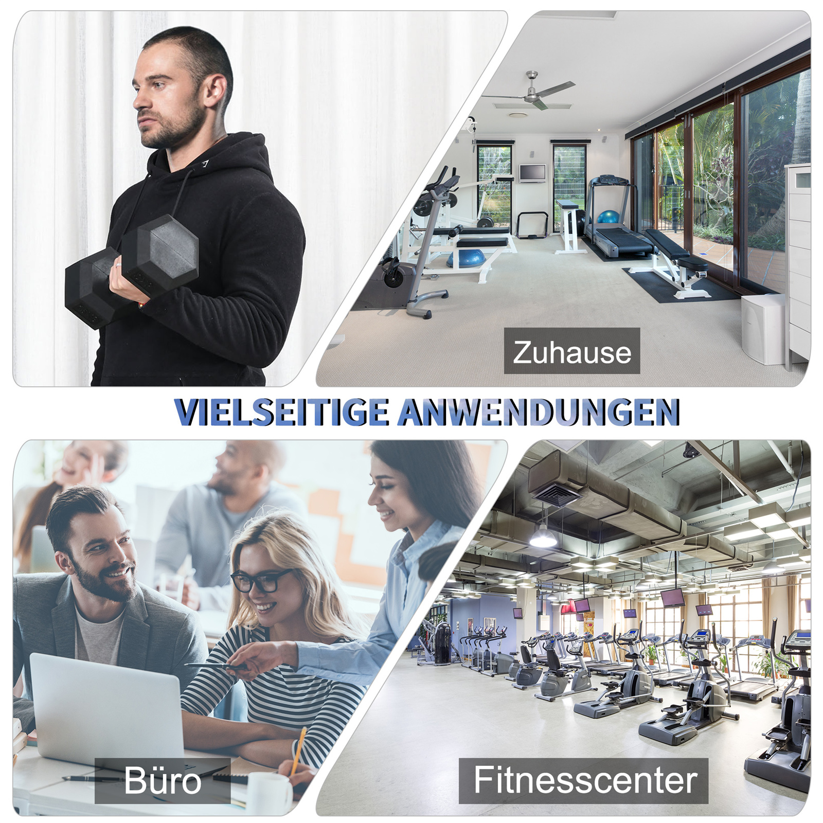 Mann hält Gewichte, vier andere Bilder zeigen Fitnessstudio, Büro und Fitnesscenter.