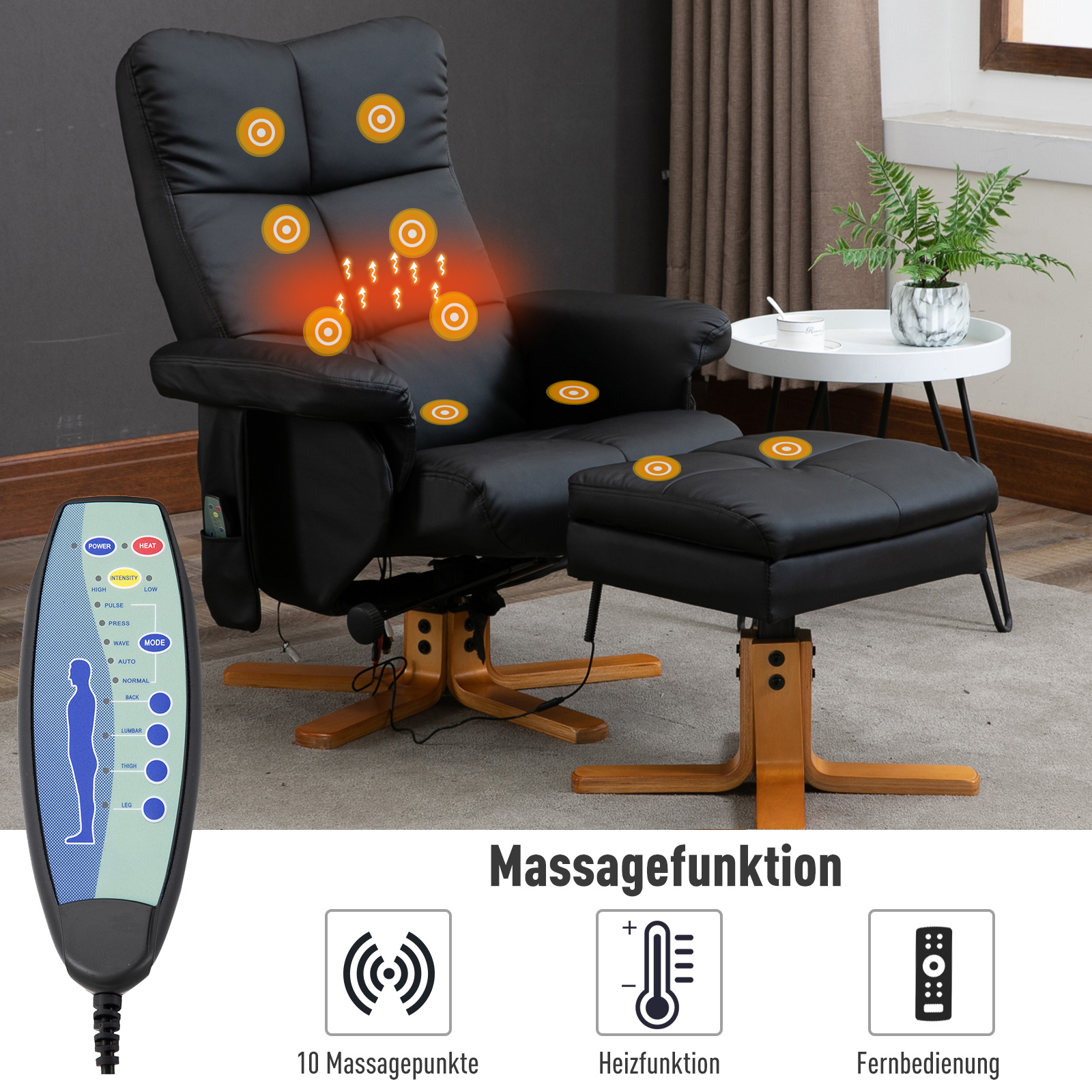 Ein schwarzer Massagesessel mit Fußstütze und Fernbedienung im Vordergrund. Symbole für Funktionen werden angezeigt.