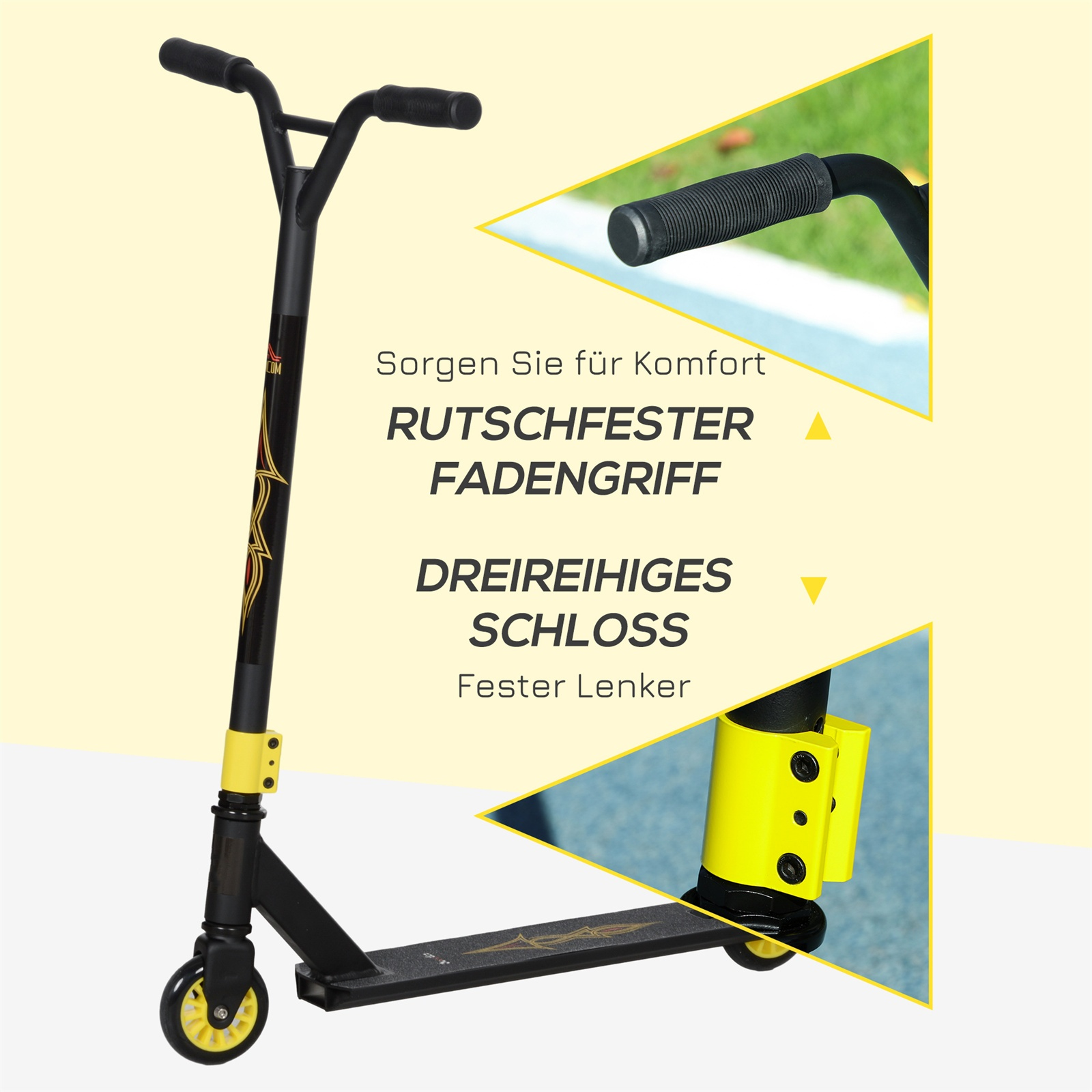 Schwarzer und gelber Roller mit Text: rutschfester Griff, dreireihiges Schloss und stabiler Lenker.