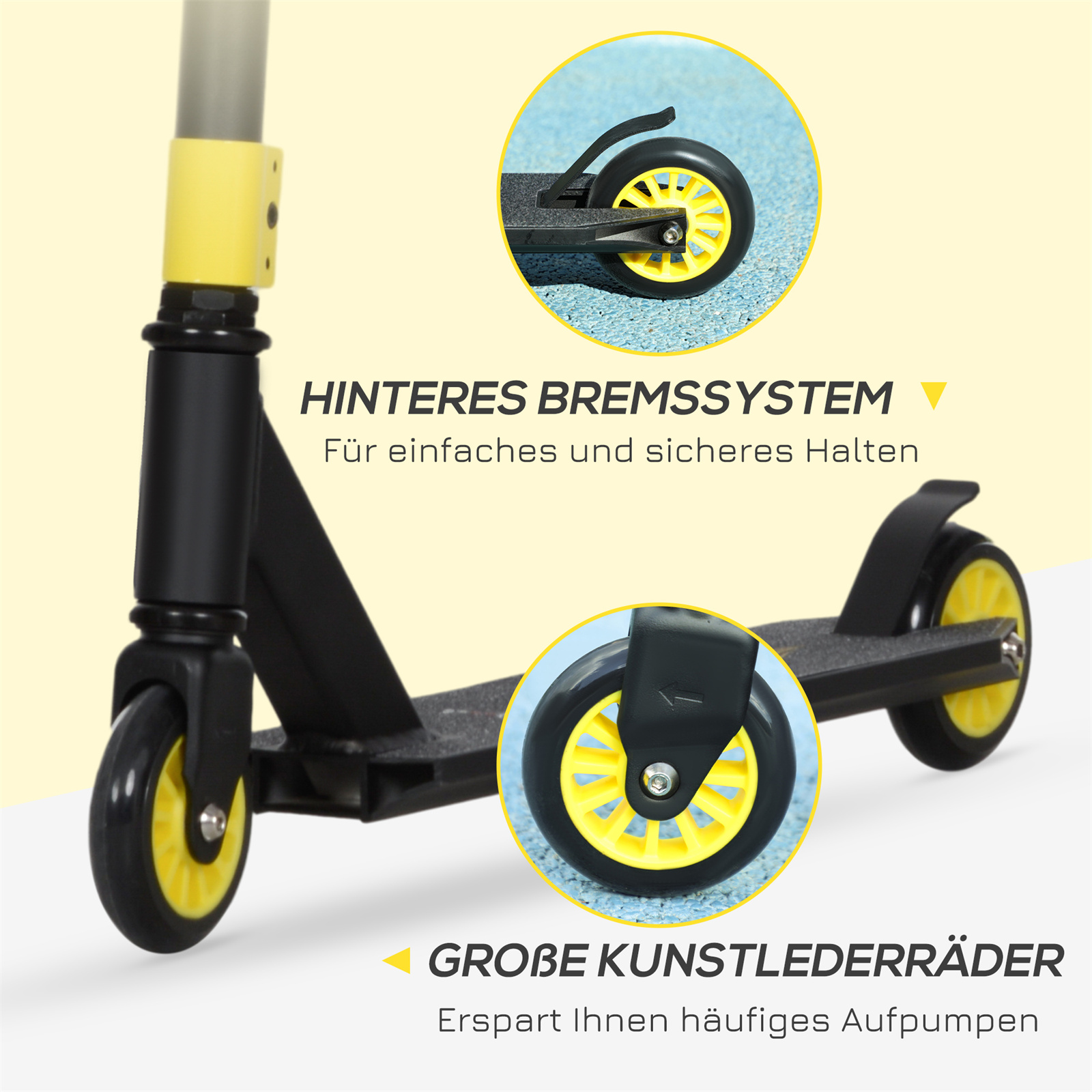 Ein schwarzer und gelber Roller mit Detailansichten der Räder und des Bremssystems.