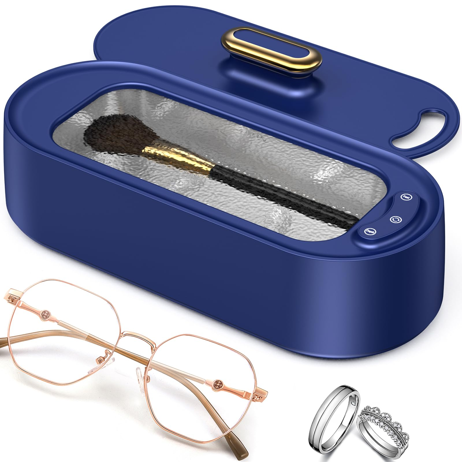 Blauer Ultraschallreiniger mit Brille und Ringen. Weißer Hintergrund.
