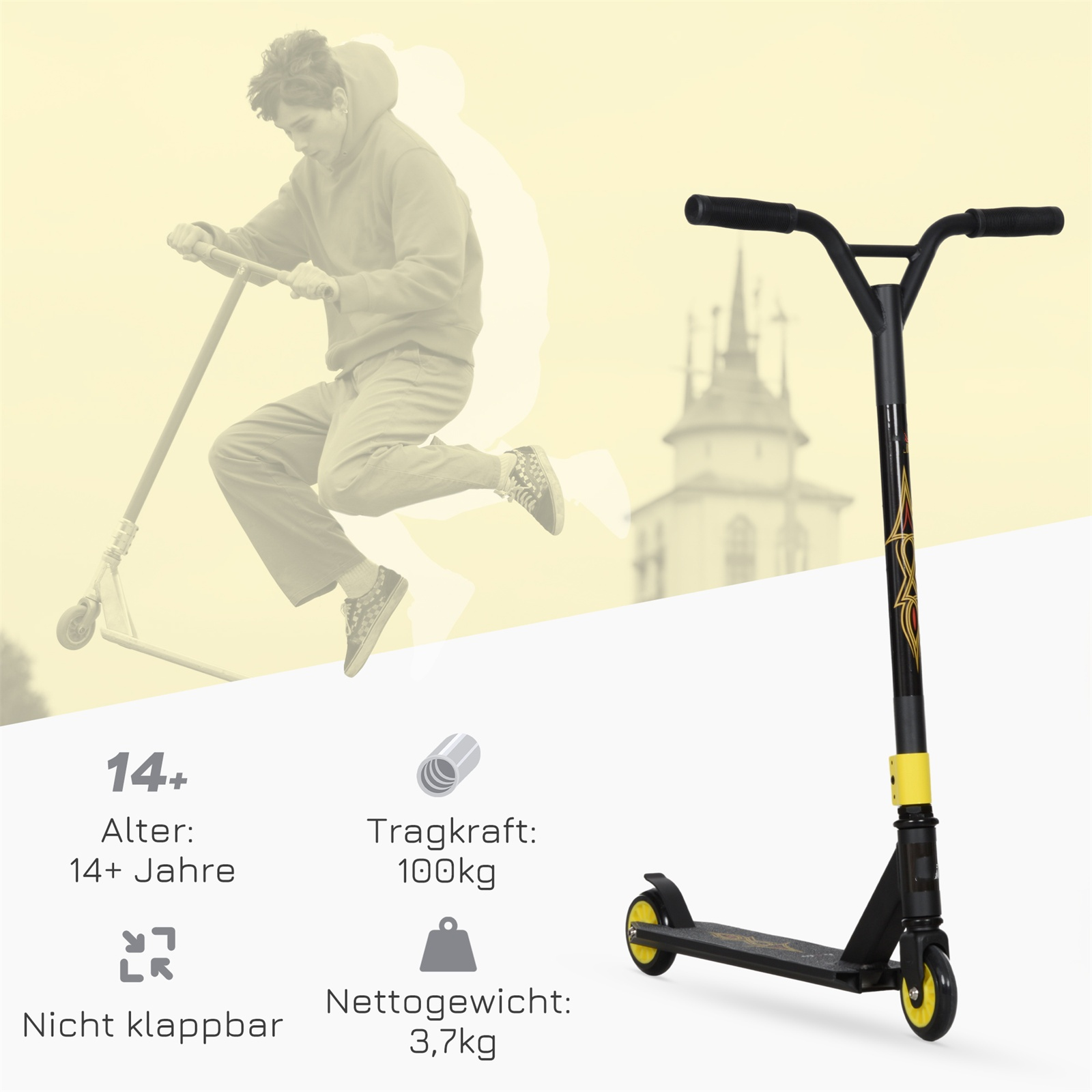 Eine Person im Hintergrund fährt einen Roller. Ein Roller ist im Vordergrund.