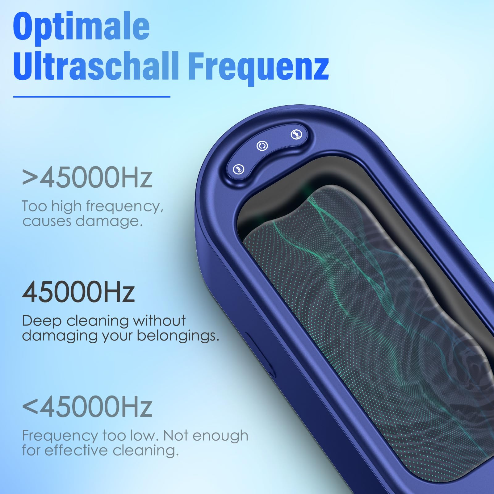 Blauer Ultraschallreiniger mit Text und Diagrammen, die Frequenzeinstellungen anzeigen.