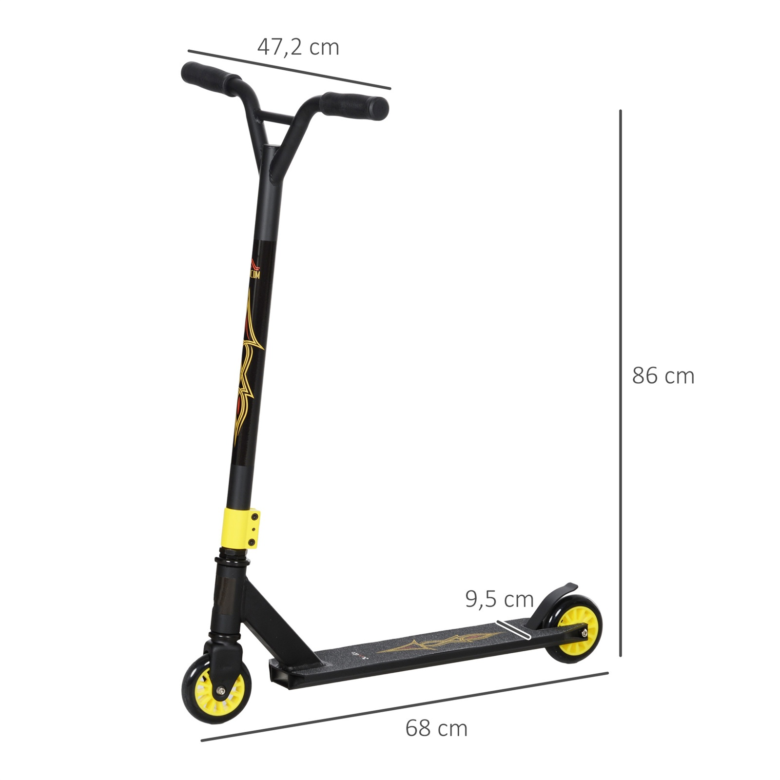 Schwarz-gelber Roller mit Maßangaben vor weißem Hintergrund.