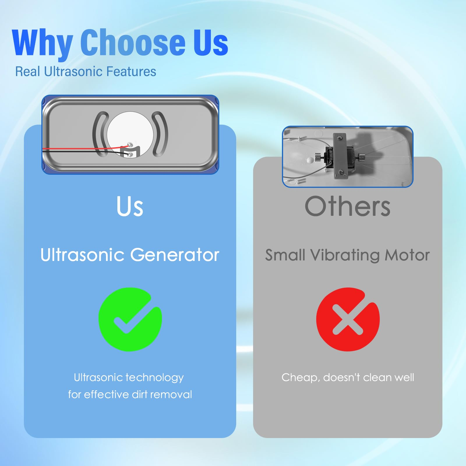Vergleich von Ultraschallgenerator versus kleinem Vibrationsmotor. Der Ultraschallgenerator wird als besser dargestellt.