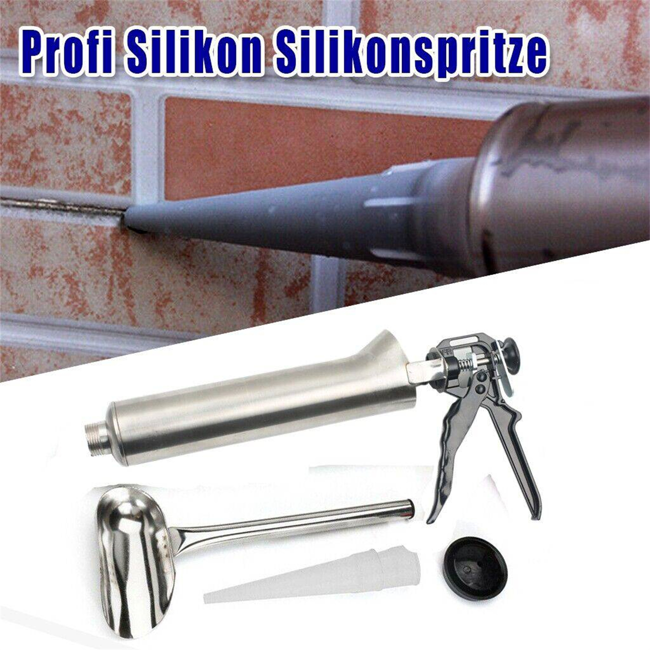 Silikondichtstoffpistole, Dichtstoff und Zubehör in weißer Umgebung.