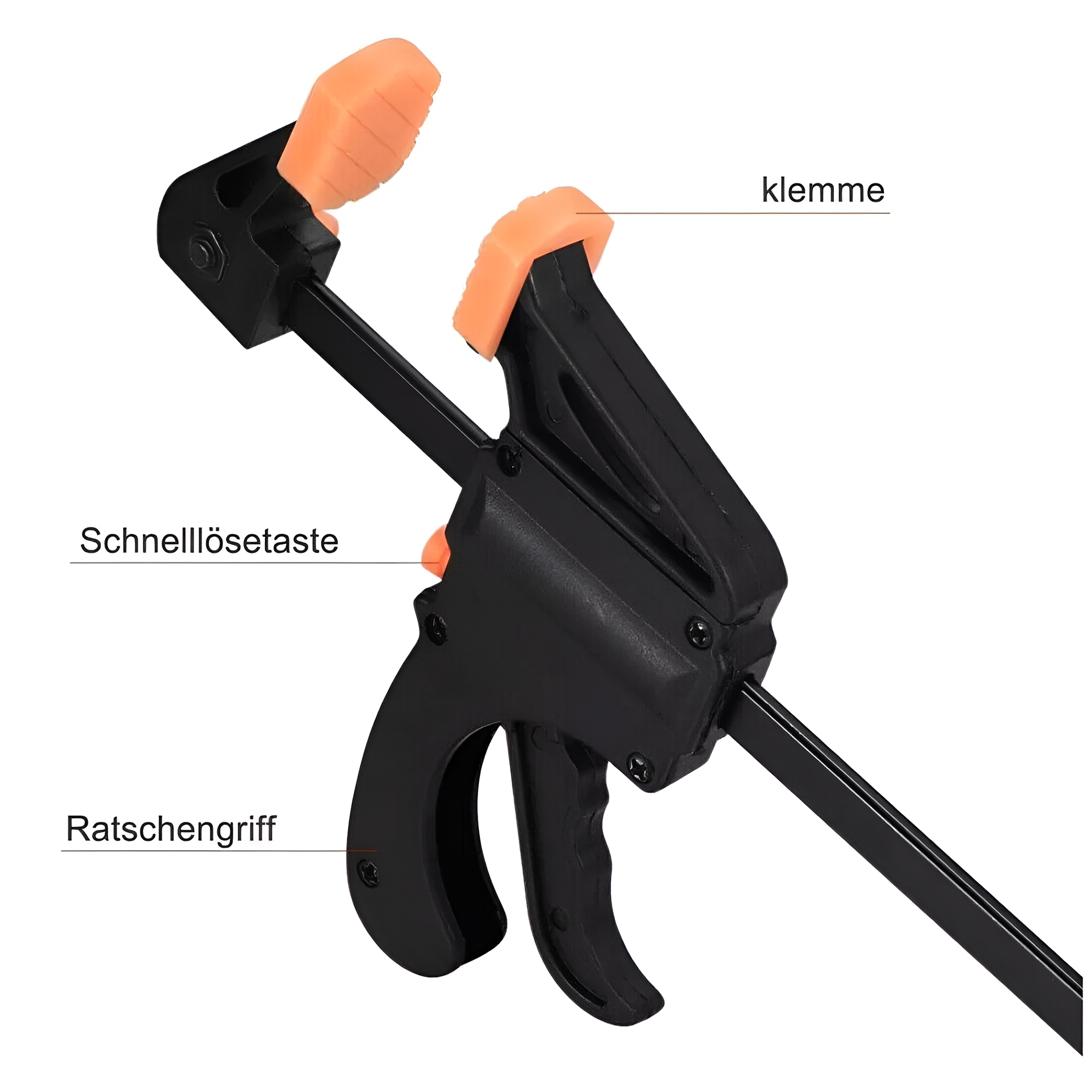 Schwarz-orangefarbene Klemme mit Beschriftungen: Klemme, Schnelllösetaste und Ratschengriff.
