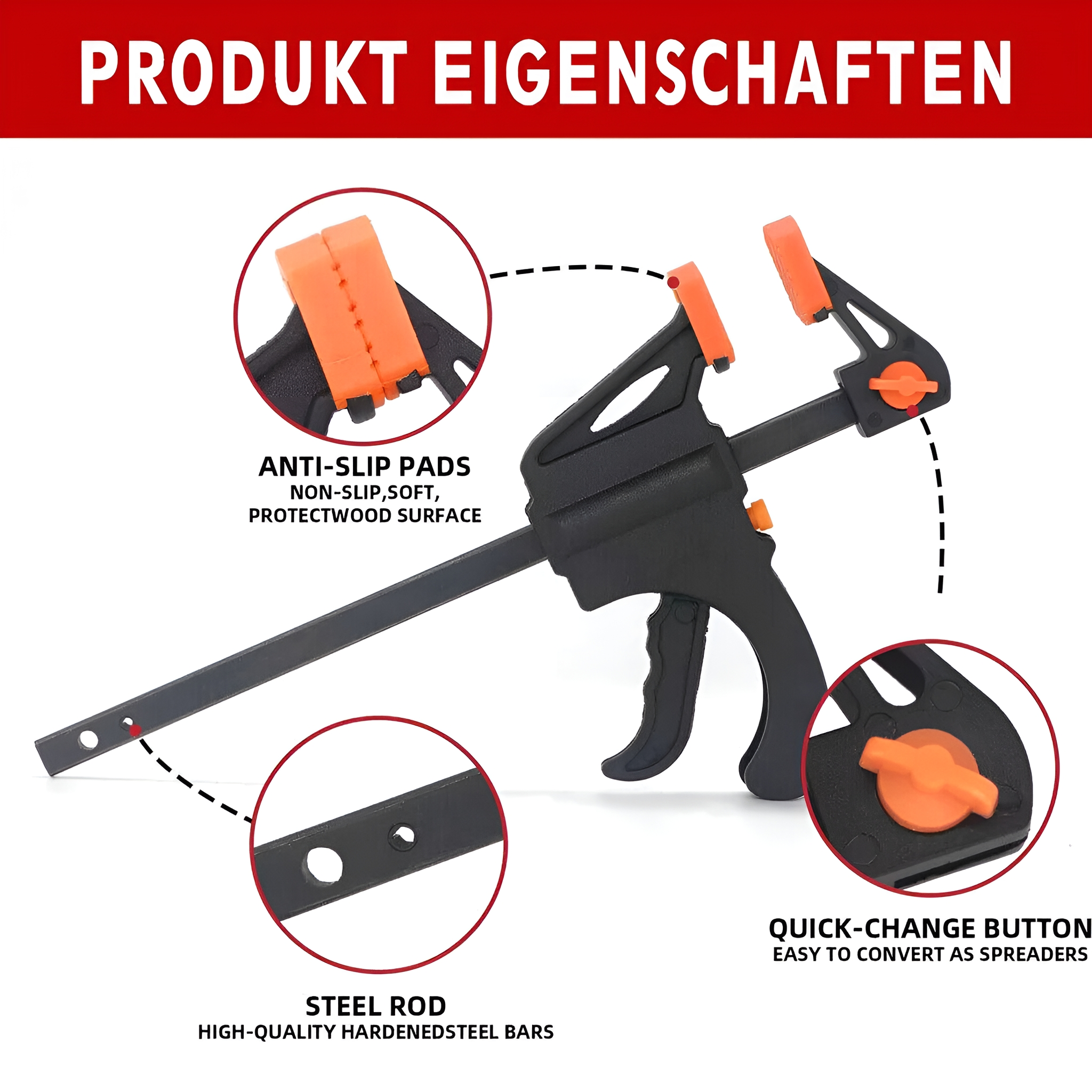 Eine schwarze Klemme mit orangefarbenen Pads und einer Stahlstange. Der Text beschreibt Teile und Funktionen.