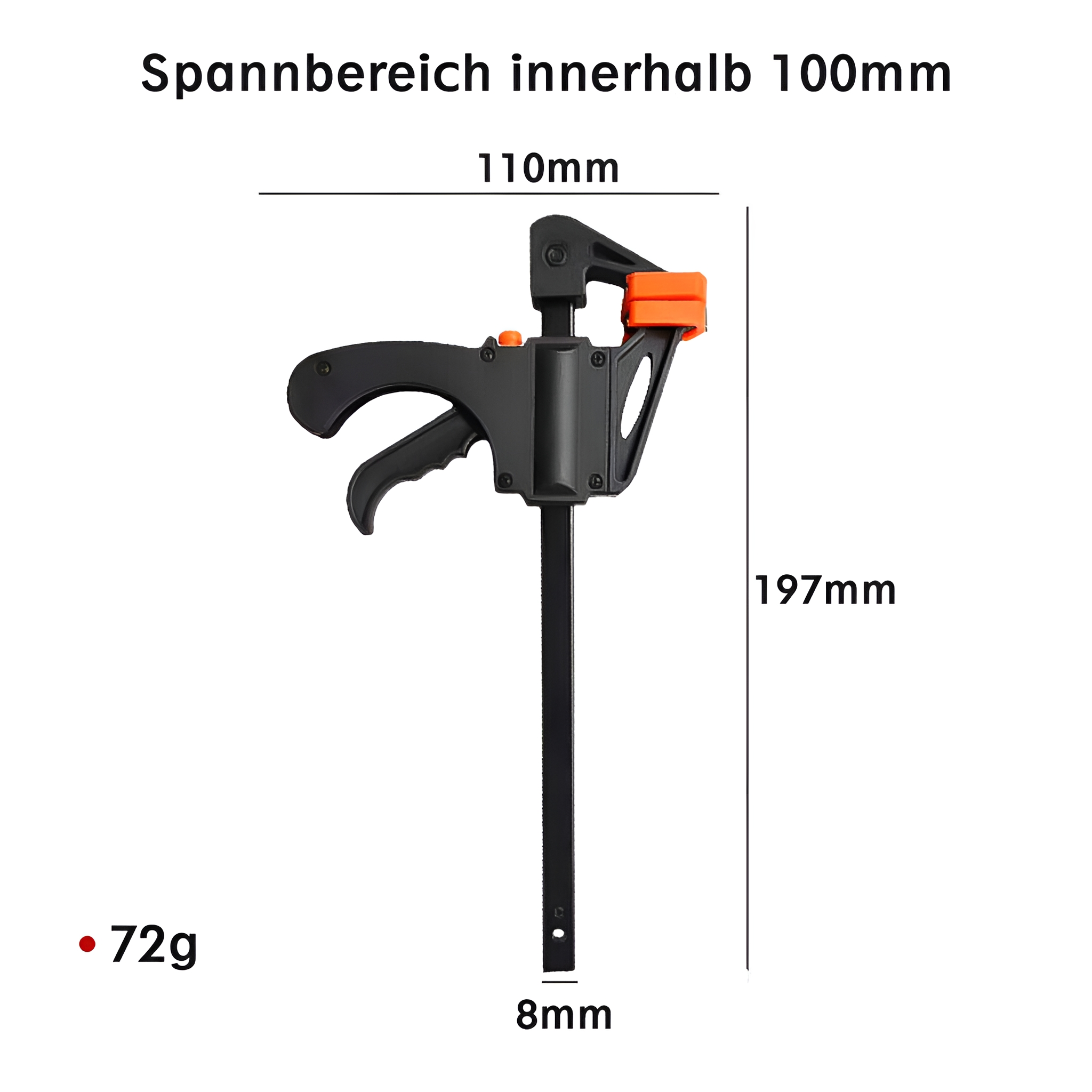 Schwarze und orangefarbene Klemme mit Maßen und einer kleinen Gewichtsangabe.