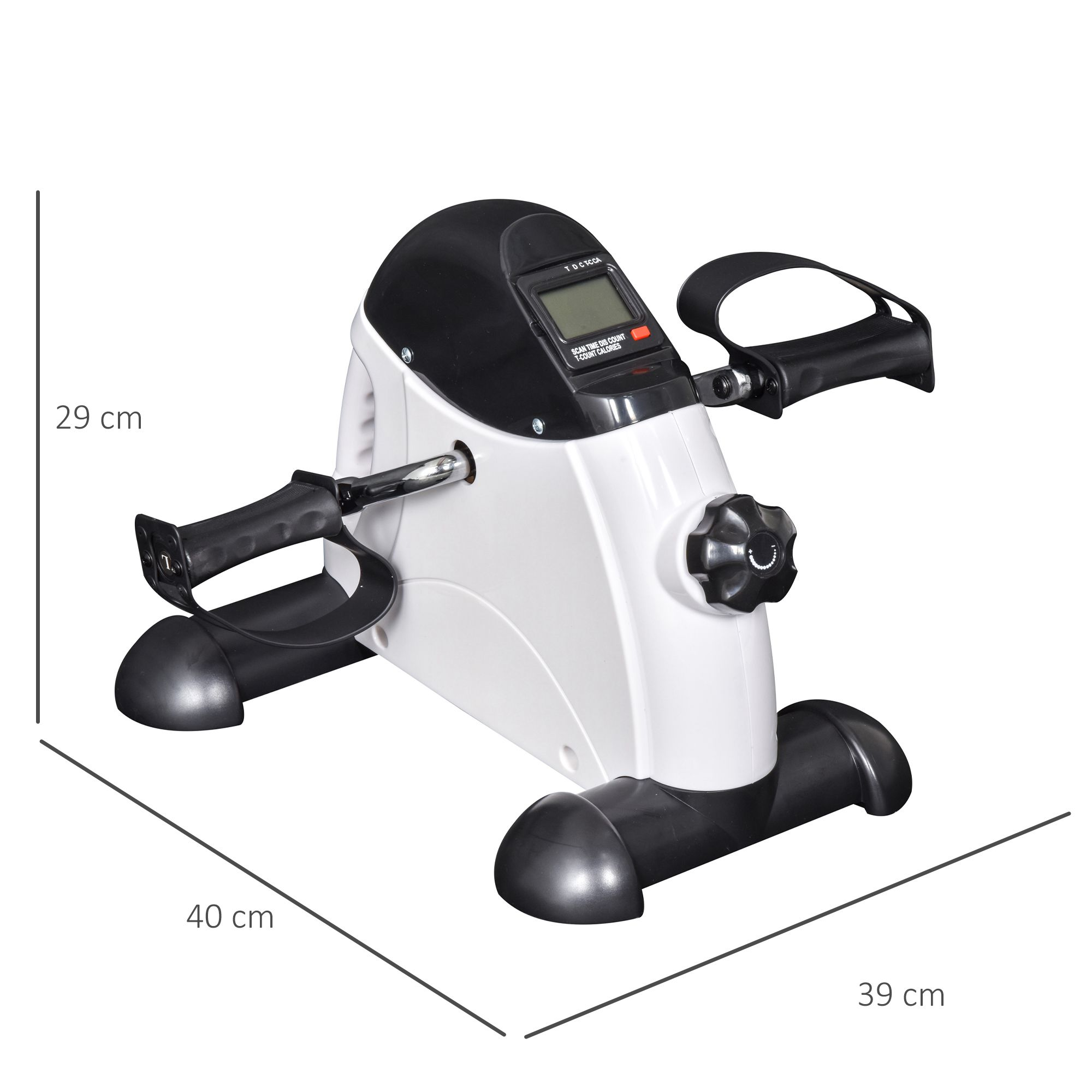Ein Mini-Ergometer mit beschrifteten Abmessungen.