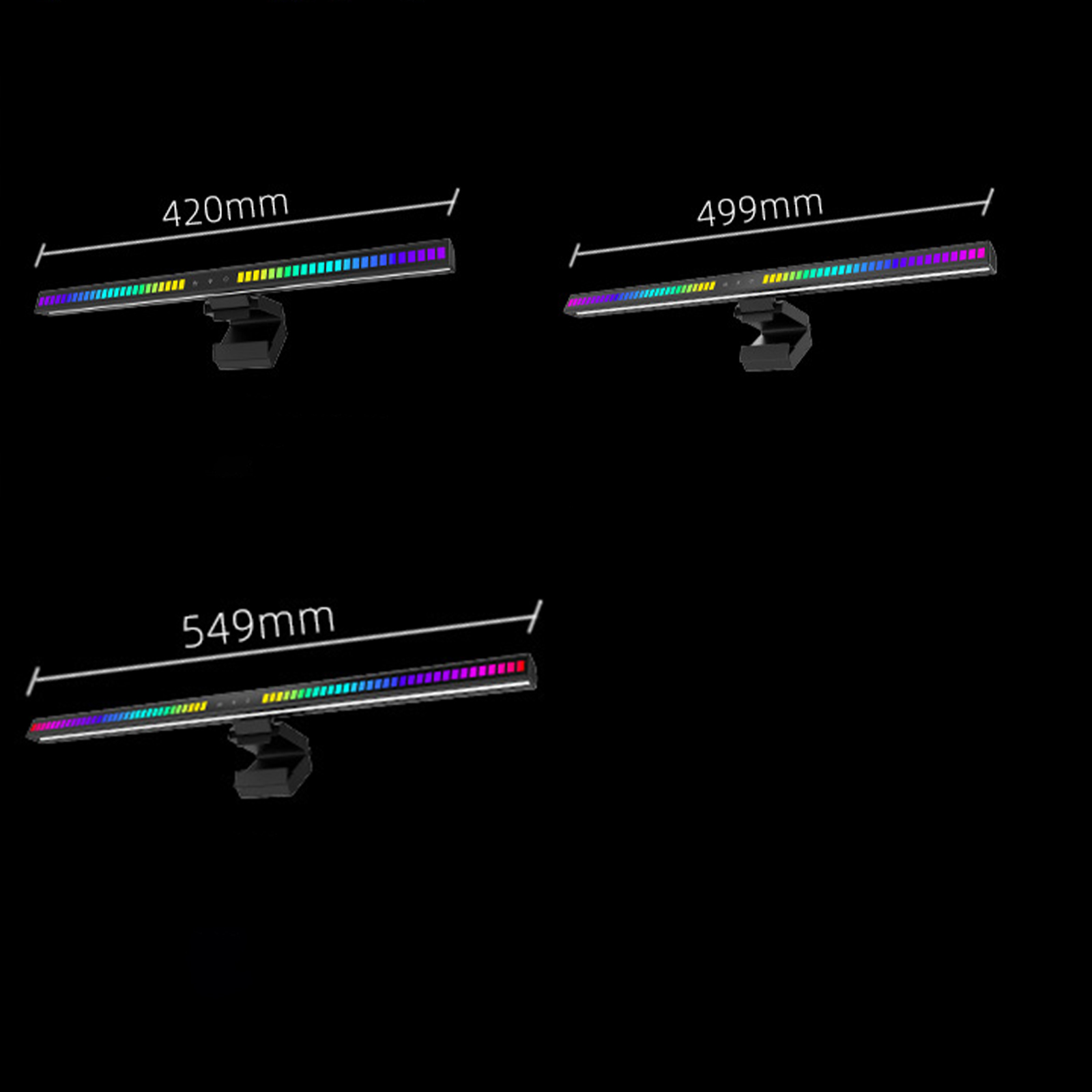 Drei LED-Lichtleisten mit Abmessungen und schwarzen Hintergründen.