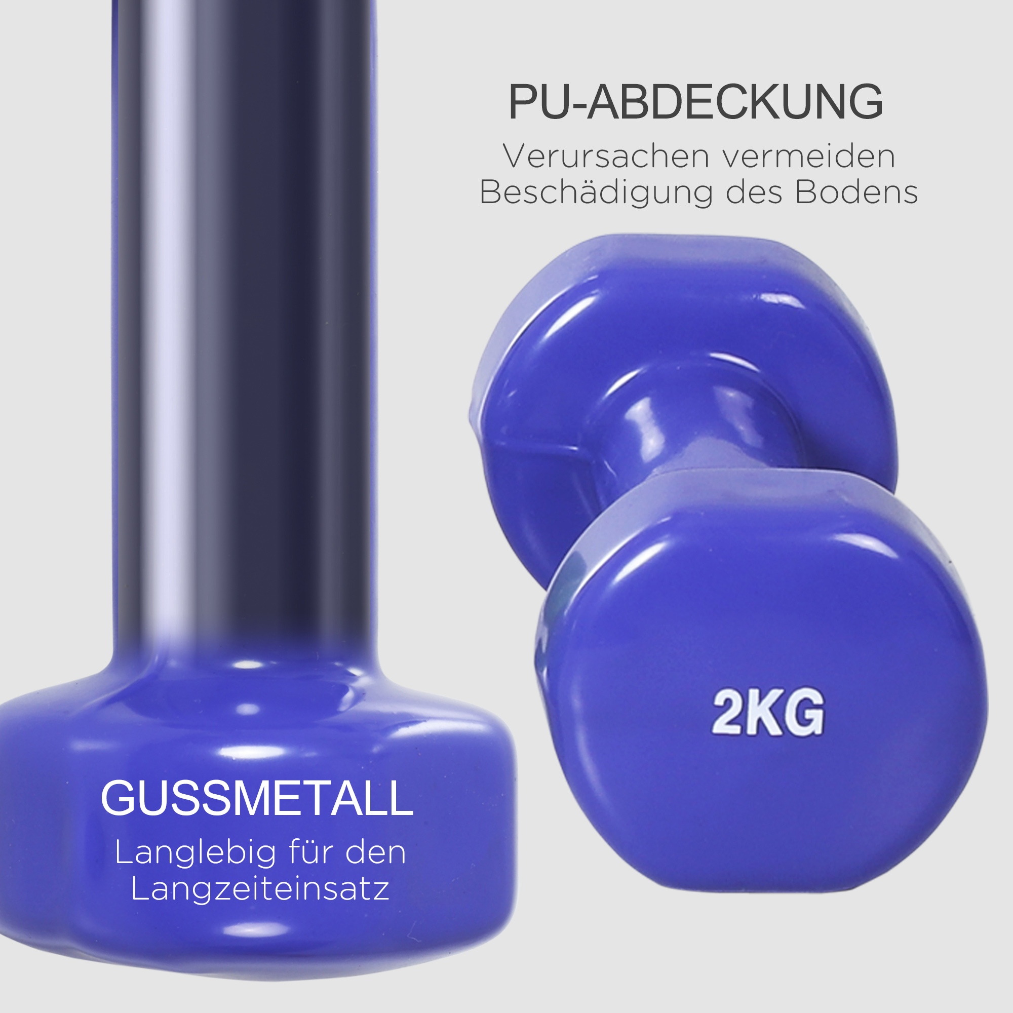 Blaue Kurzhantel mit 2KG-Markierung. Der Griff ist blau und die Gewichte sind ebenfalls blau.