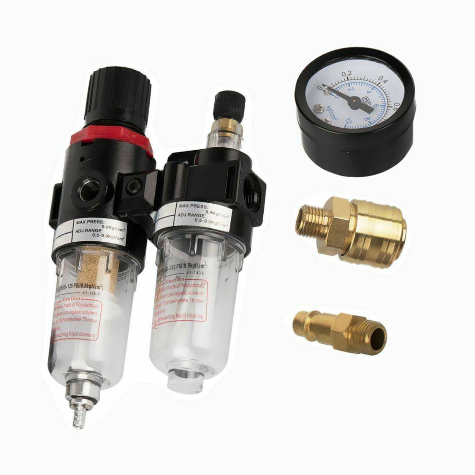 Luftregler, zwei transparente Filter, Manometer und Messingarmaturen.