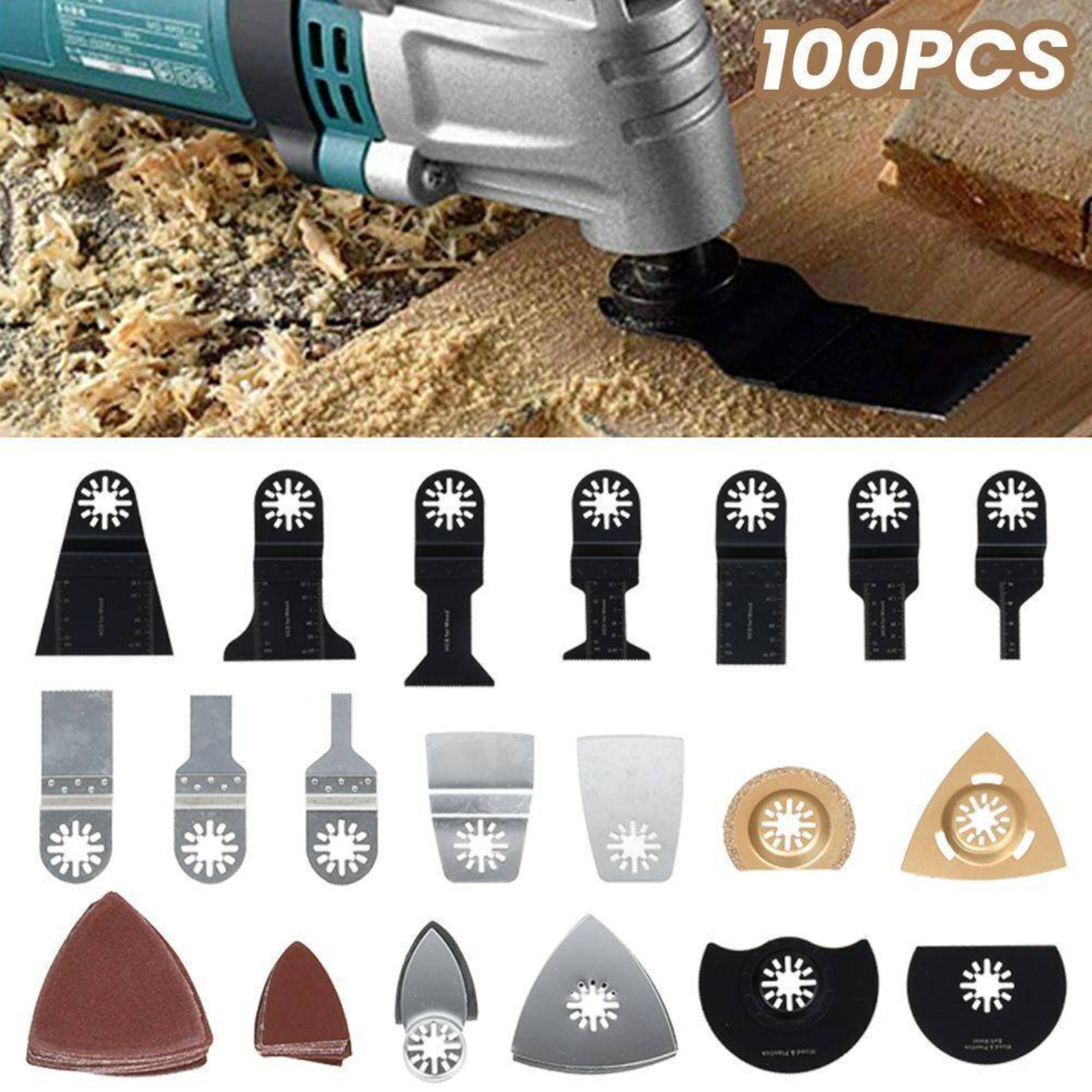 Ein Satz von 100 Multitool-Klingen und Zubehör. Enthält verschiedene Formen und Größen.