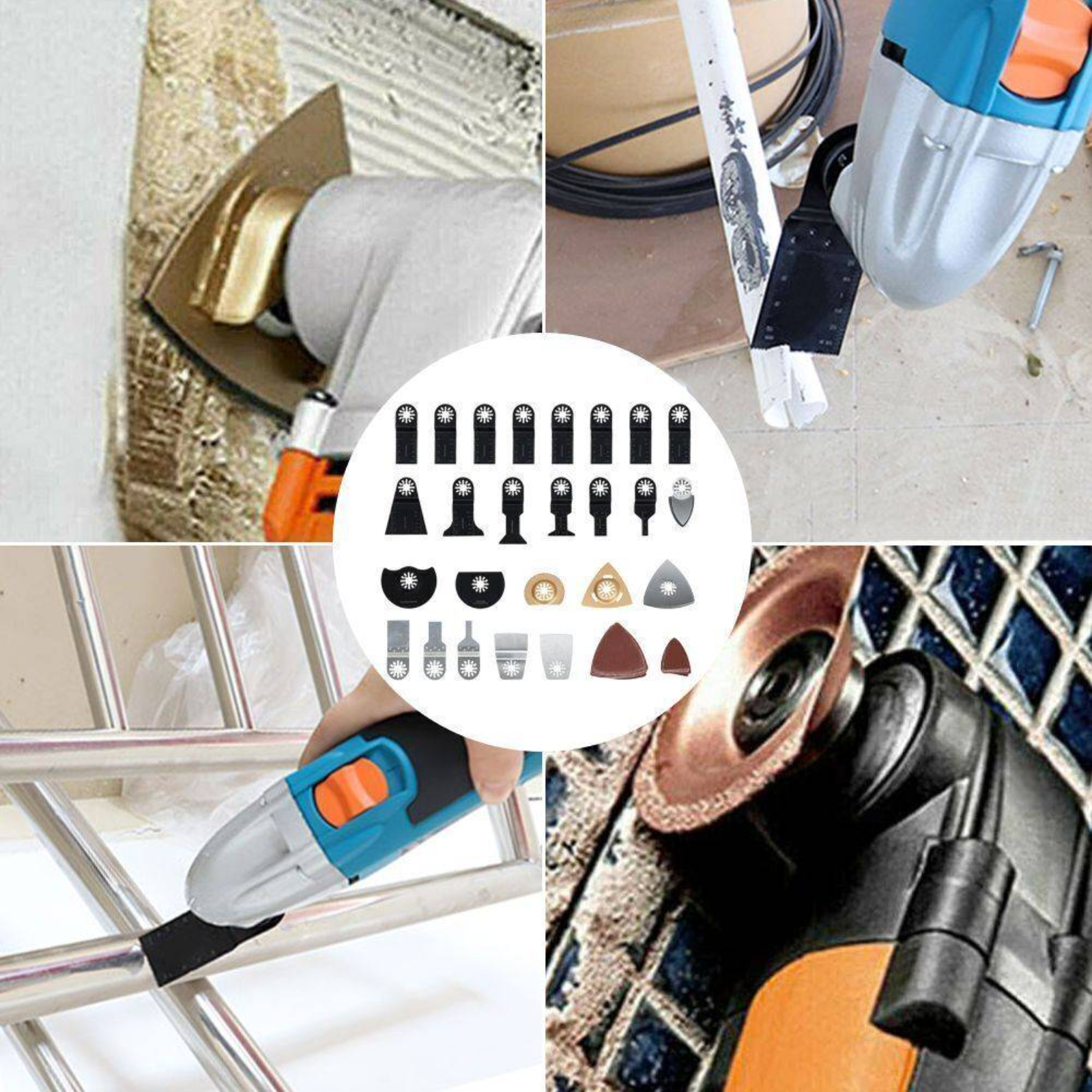 Collage von oszillierenden Multitool-Klingen und Werkzeugen in verschiedenen Anwendungen.