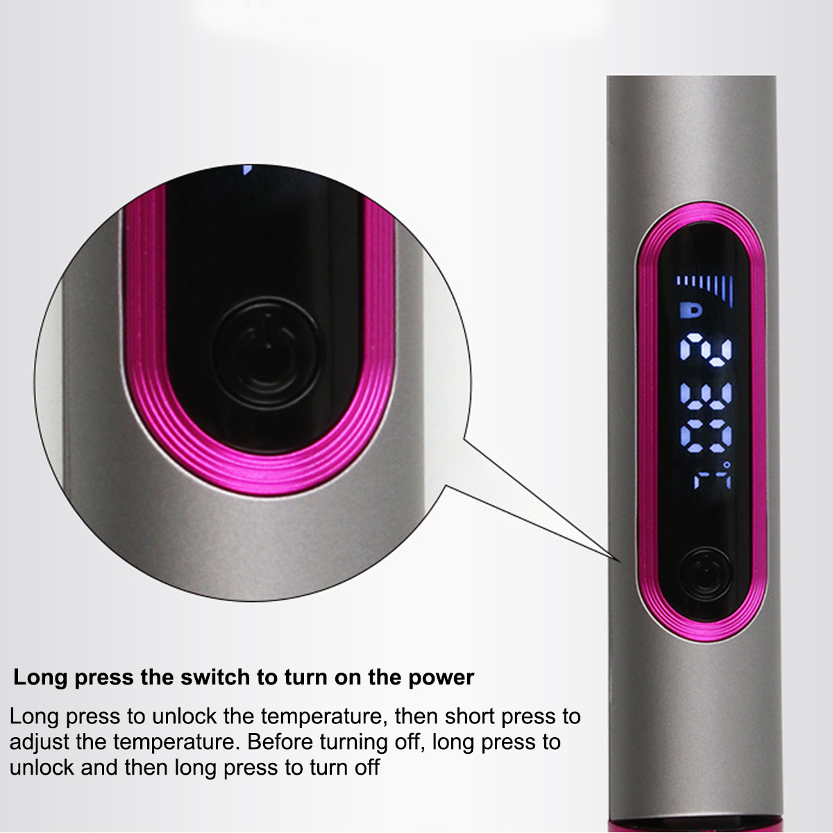 Nahaufnahme eines Haarglätters mit digitaler Anzeige, umgeben von einer rosa Umrandung.