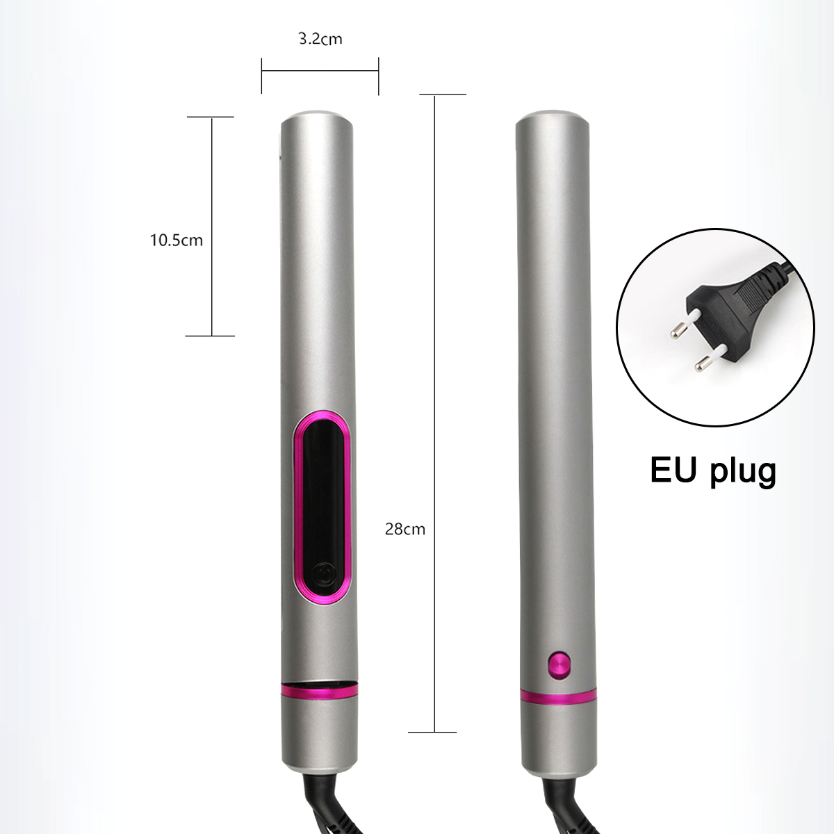 Zwei silberne Haarglätter. Einer wird mit Abmessungen und Stecker gezeigt. Das Kabel ist schwarz.