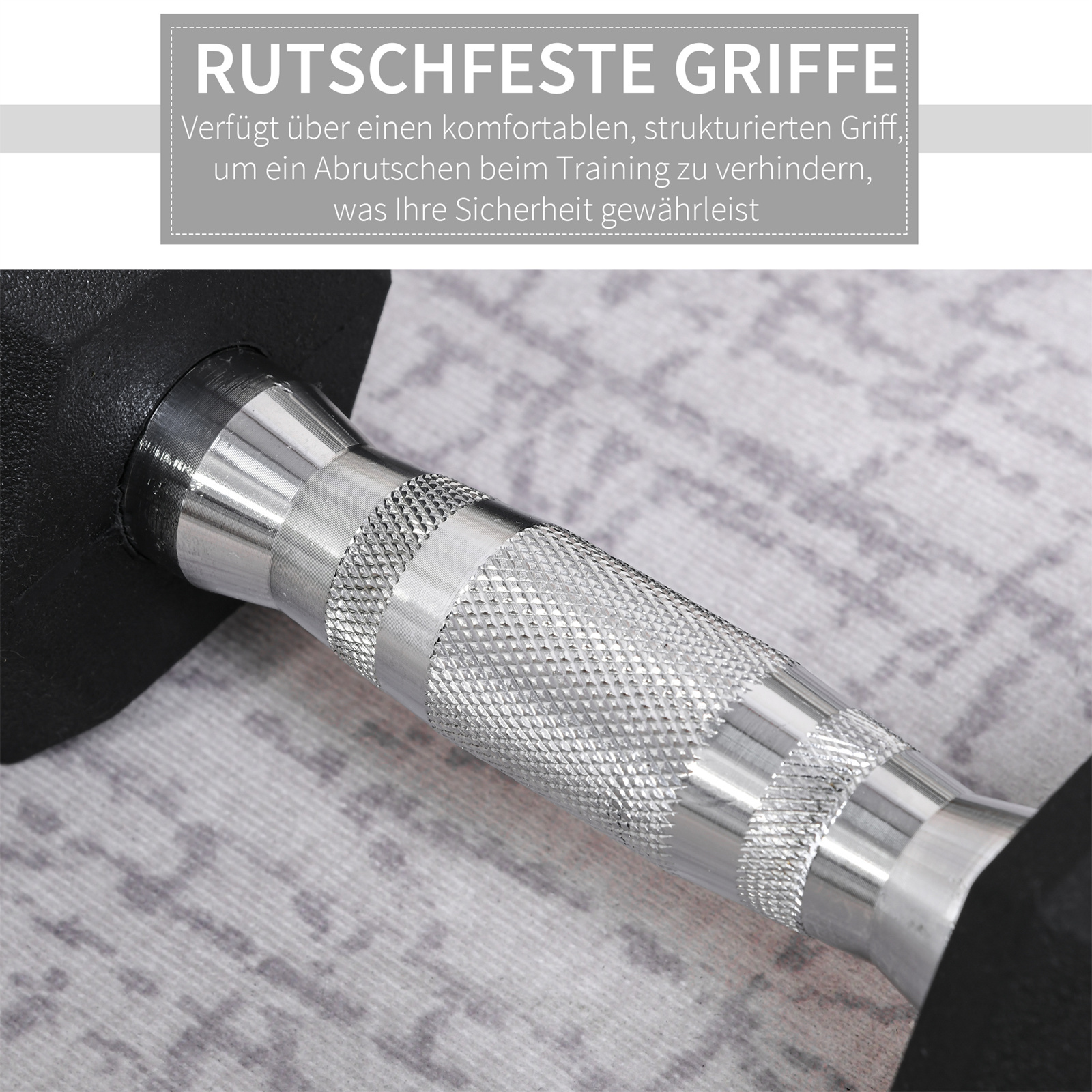 Nahaufnahme eines Hantelgriffs mit strukturierter Oberfläche, mit Text zum Griff.