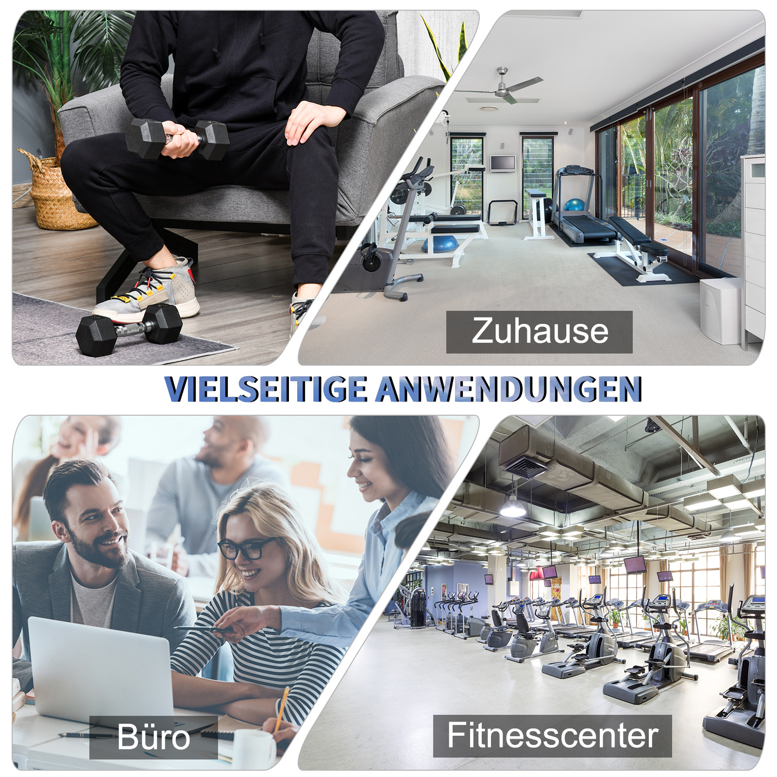 Collage von Bildern, die verschiedene Aktivitäten zeigen: Fitnessstudio, Büro, Heimtraining, Bürotreffen.
