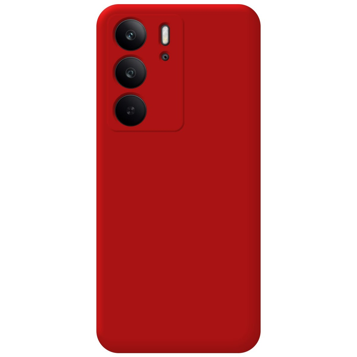 Custodia per telefono rossa con tre obiettivi della fotocamera.