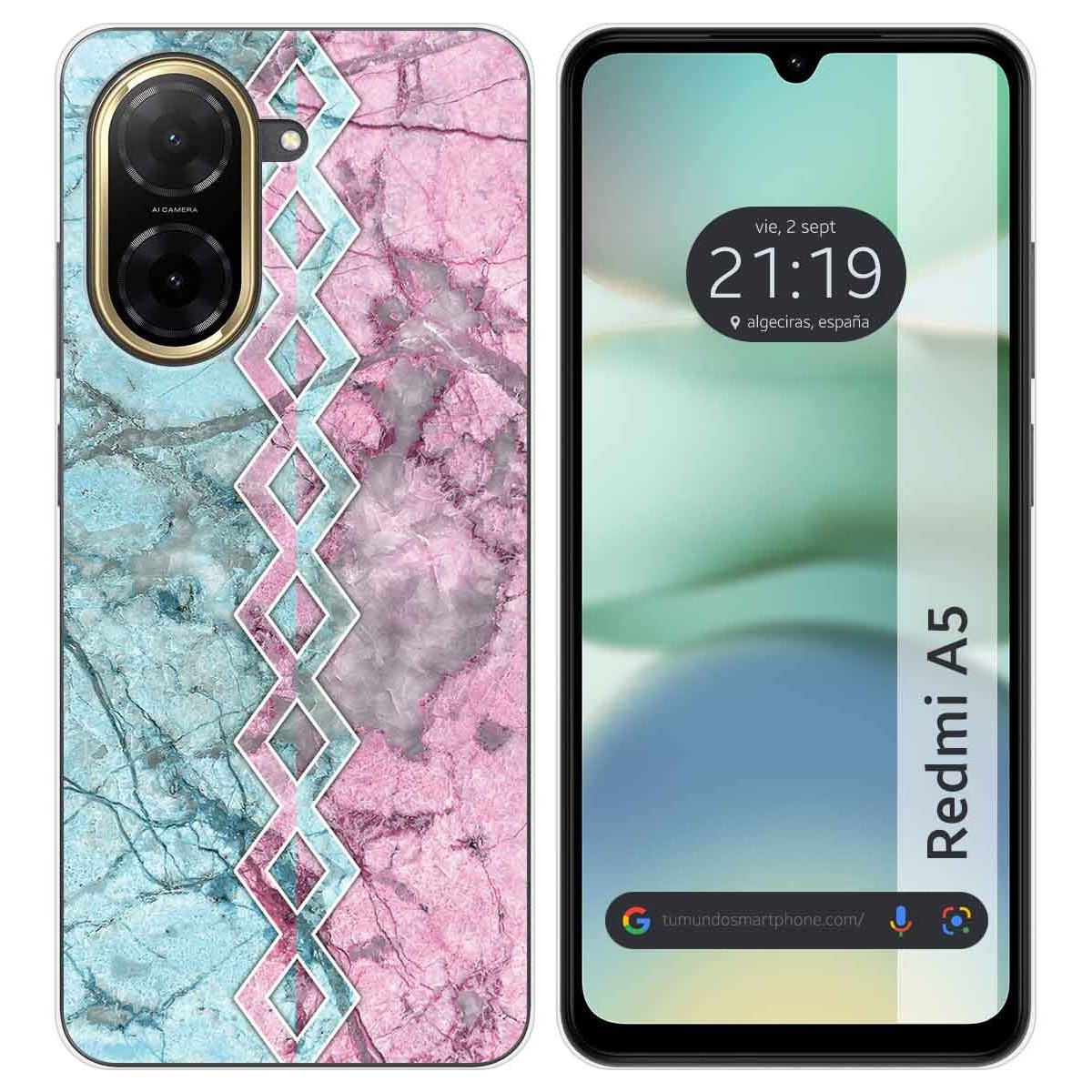 Funda de teléfono con diseño de mármol. Pantalla del teléfono mostrando hora y ubicación.