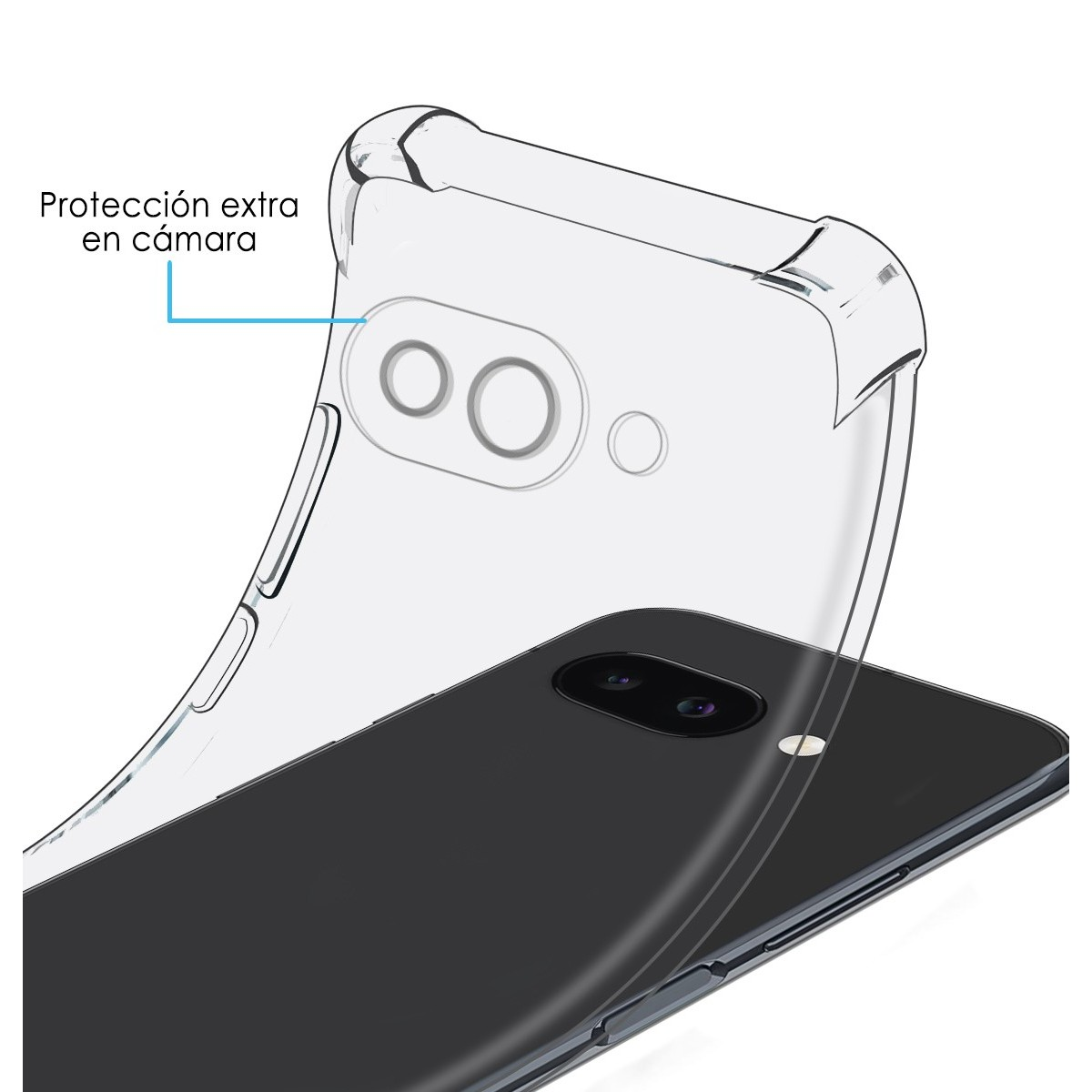 Custodia trasparente per telefono con protezione extra per la fotocamera. Un telefono nero all'interno.
