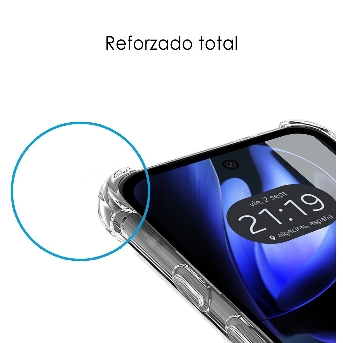 Telefono con custodia, che mostra uno schermo con ora e data, e il testo "Reforzado total".