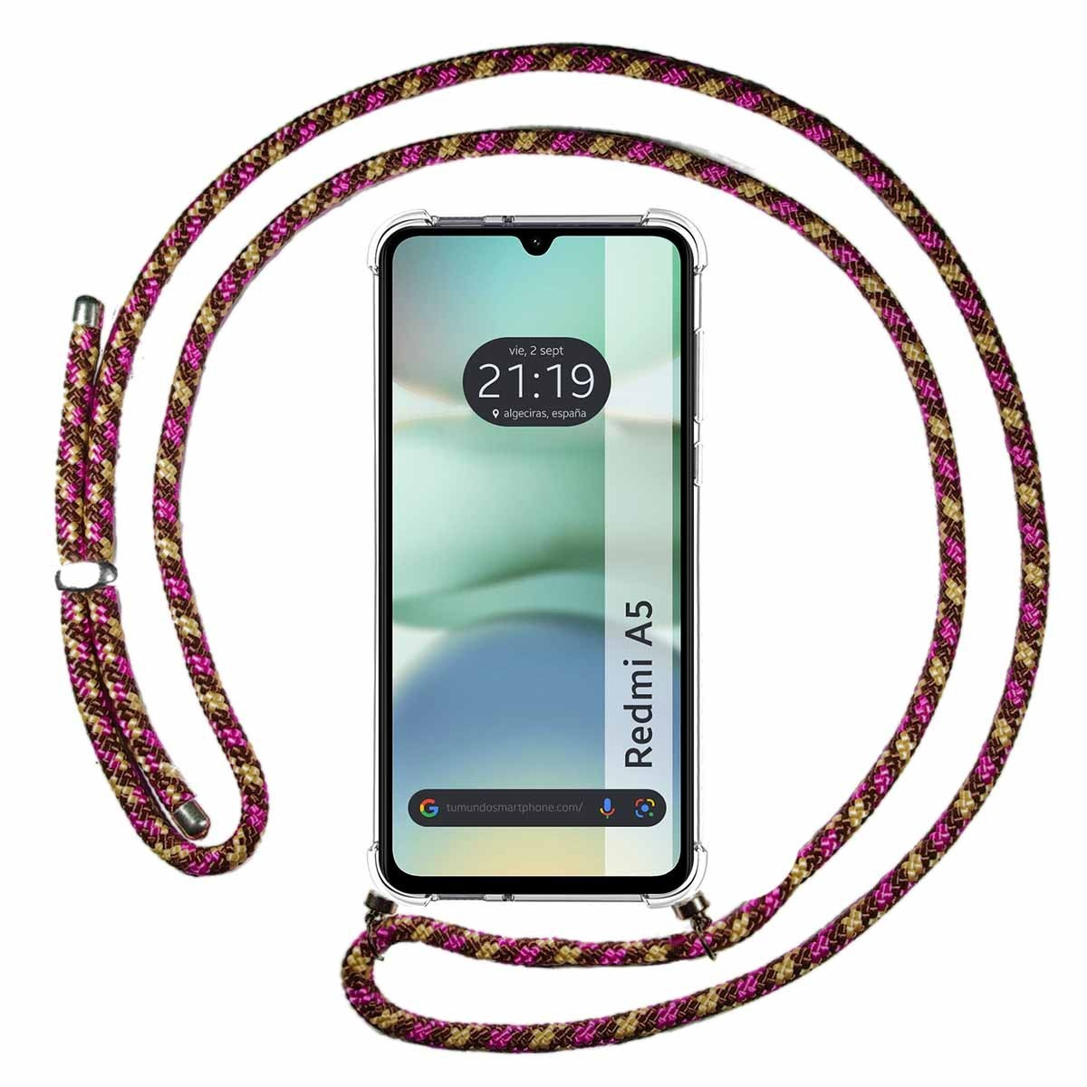 Telefono Redmi A5 con laccetto a fantasia.
