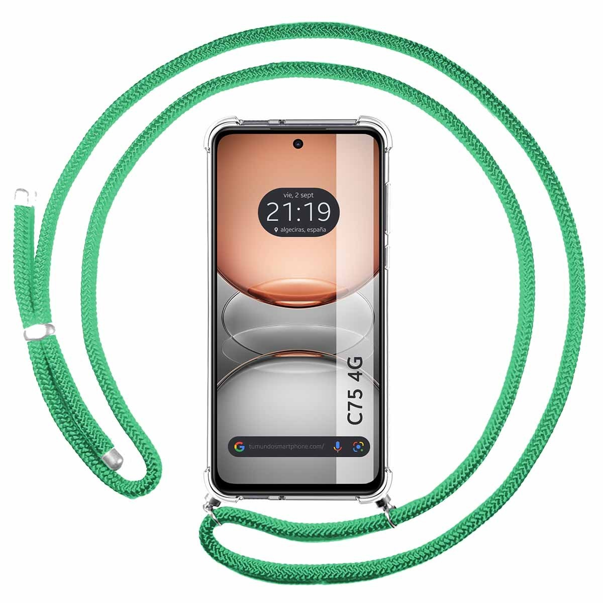 Telefono con un cordino verde. Il telefono mostra l'ora, la data e 'C75 4G' sul display.