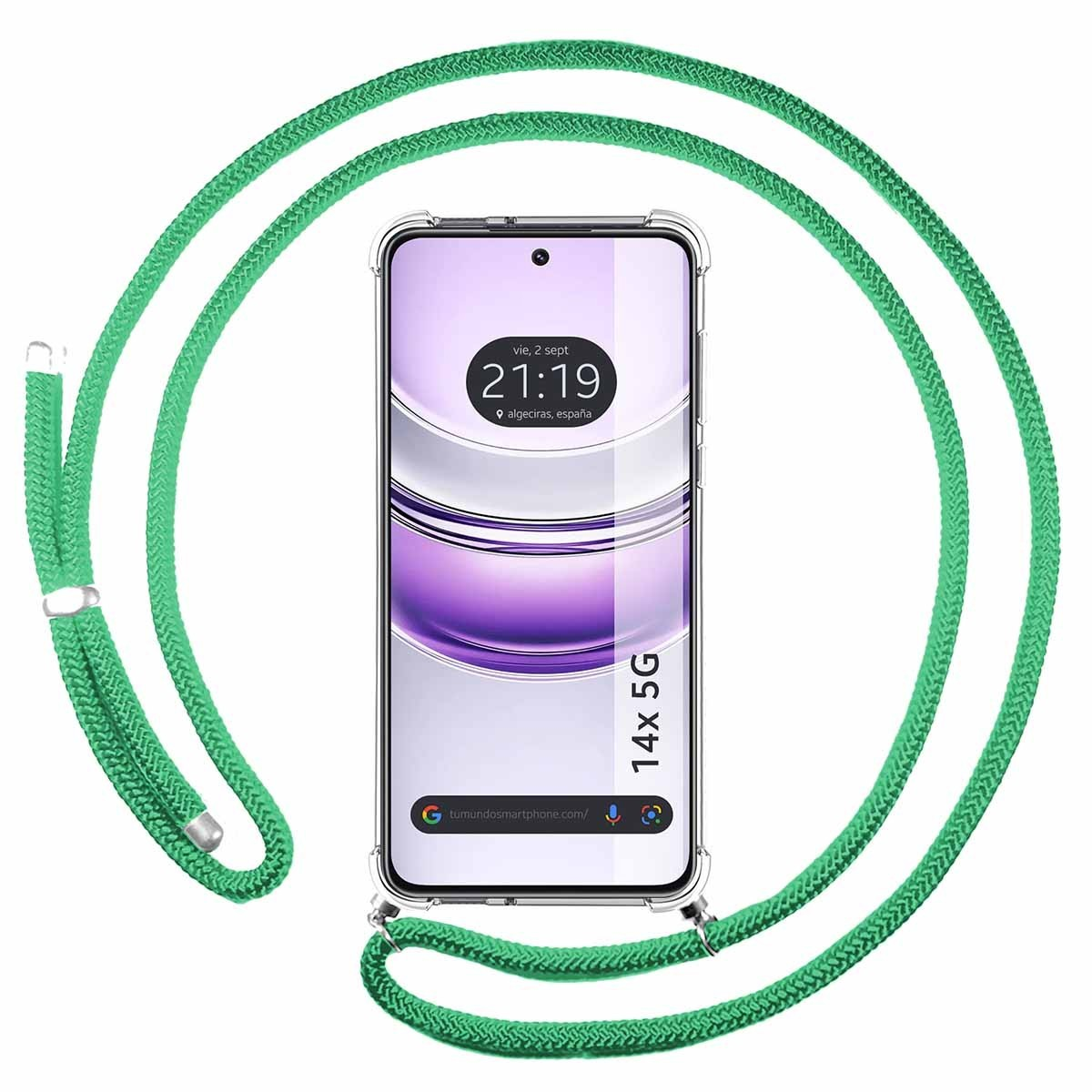 Un telefono in una custodia trasparente con un cordino verde. Lo schermo mostra l'ora. 14x 5G scritto.