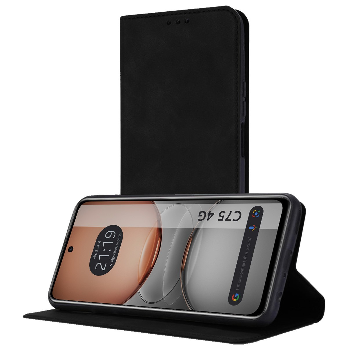Telefono con una custodia che sembra un libro e lo schermo mostra ora e luogo.