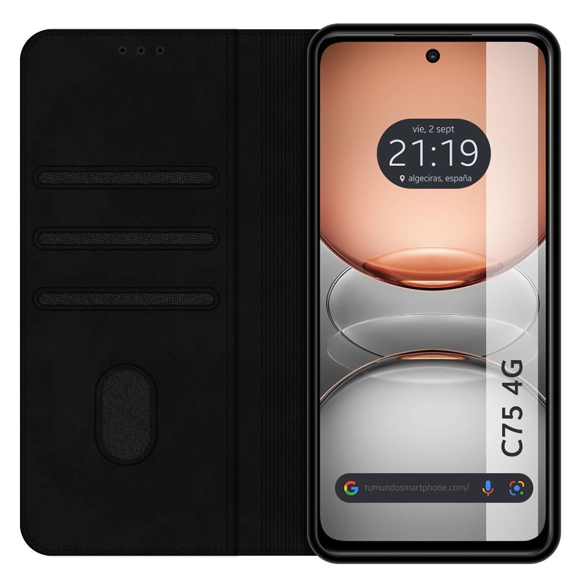 Custodia per telefono nera con design piegato. Lo schermo mostra data e ora.