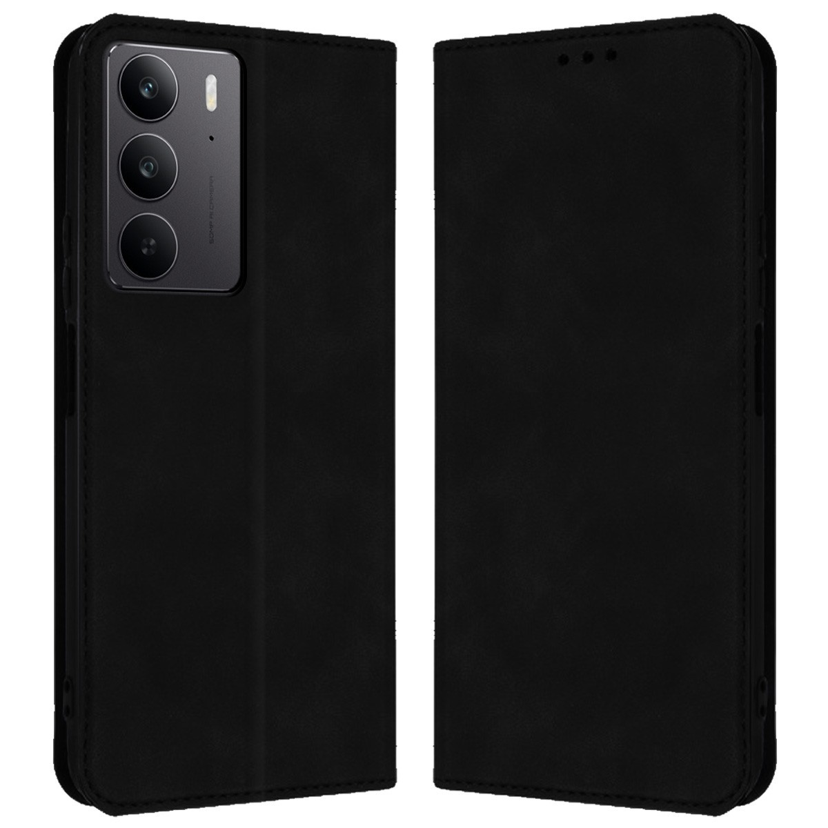 Custodia per telefono nera, chiusa, con modulo fotocamera sul lato sinistro. La custodia è liscia.