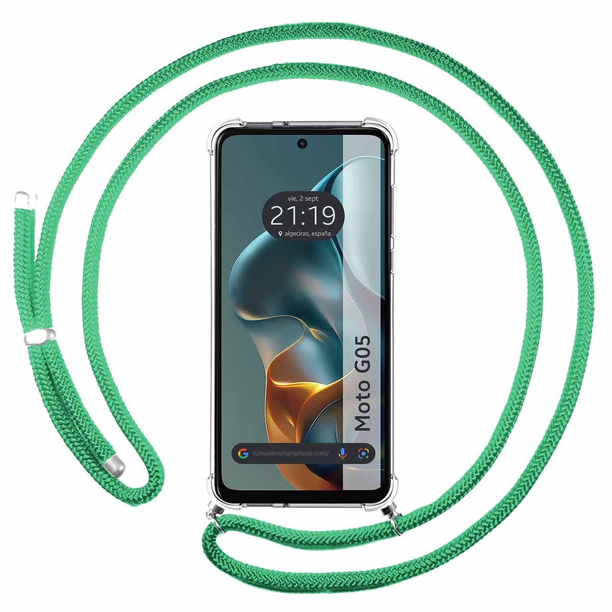 Smartphone con cordino verde, schermo mostra l'ora.