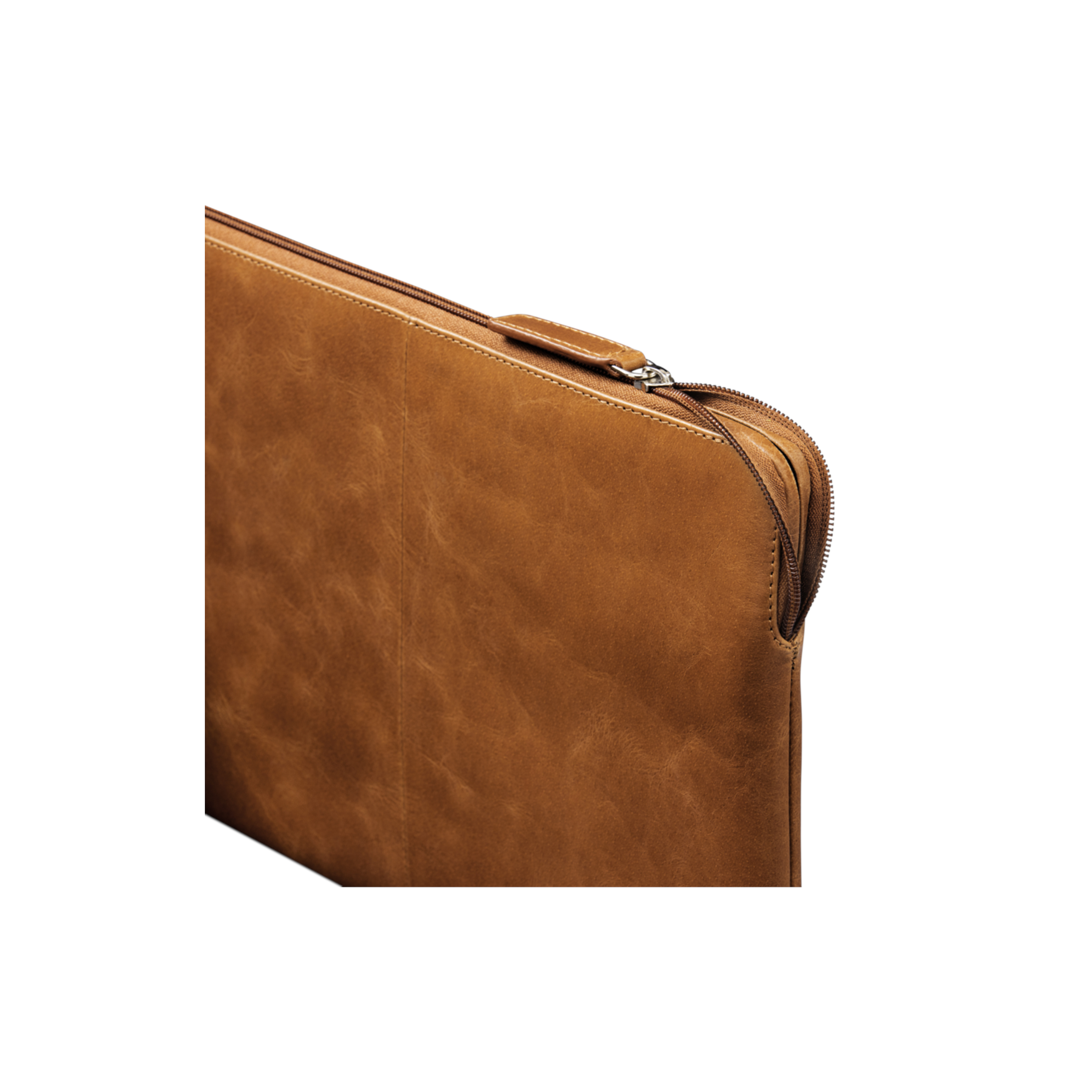 Una custodia per laptop in pelle marrone con cerniera.