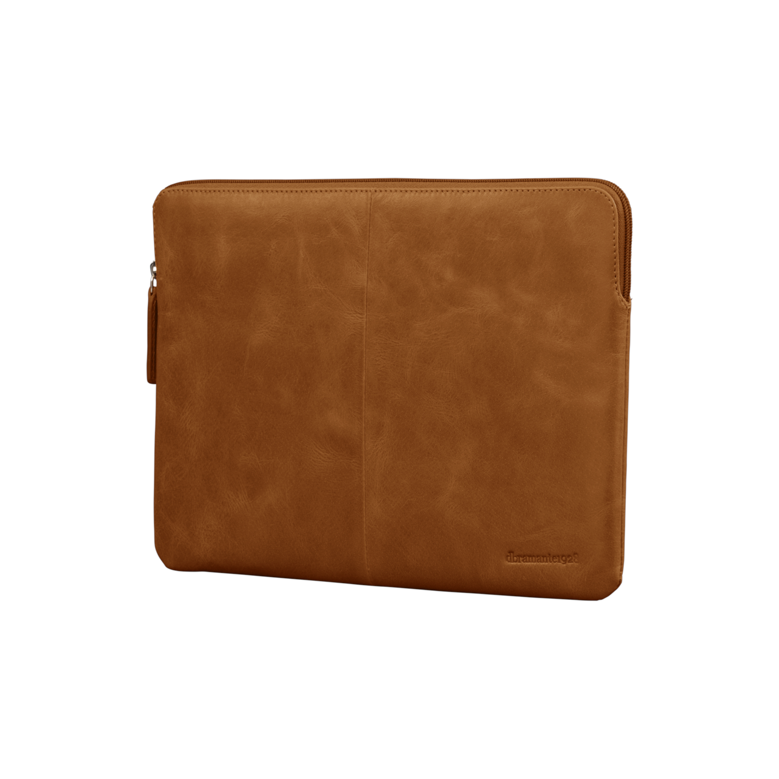 Custodia per laptop in pelle marrone con cerniera e piccolo logo.