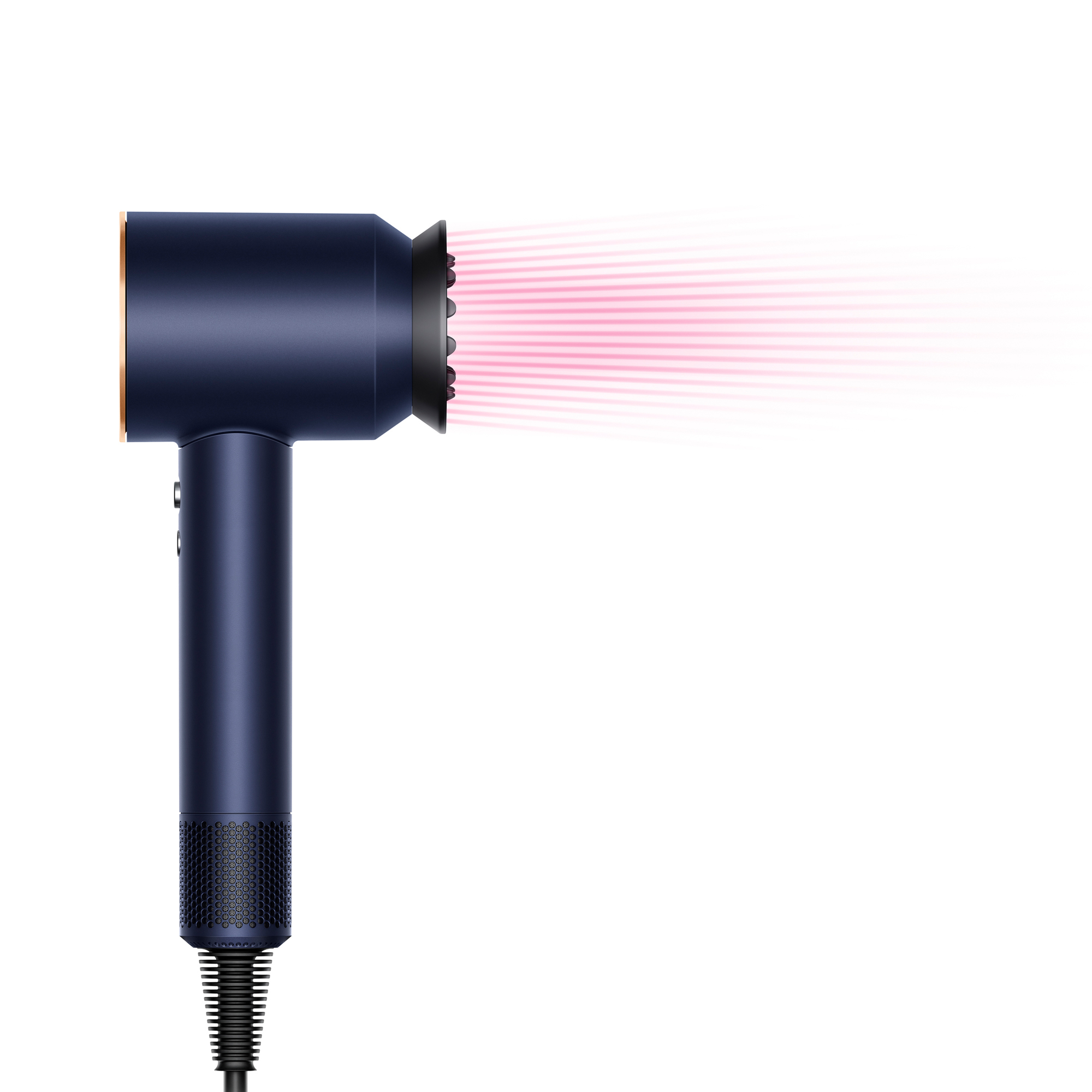 Blauer Haartrockner mit pinkfarbenem Luftstrom.